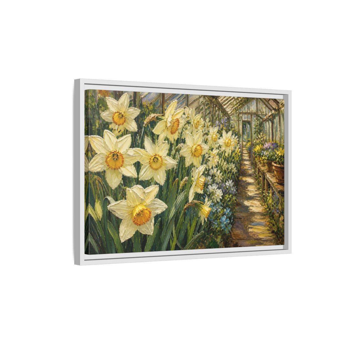 Side Mockup 1. Greenhouse Daffodil Flowers shown as framed canvas print