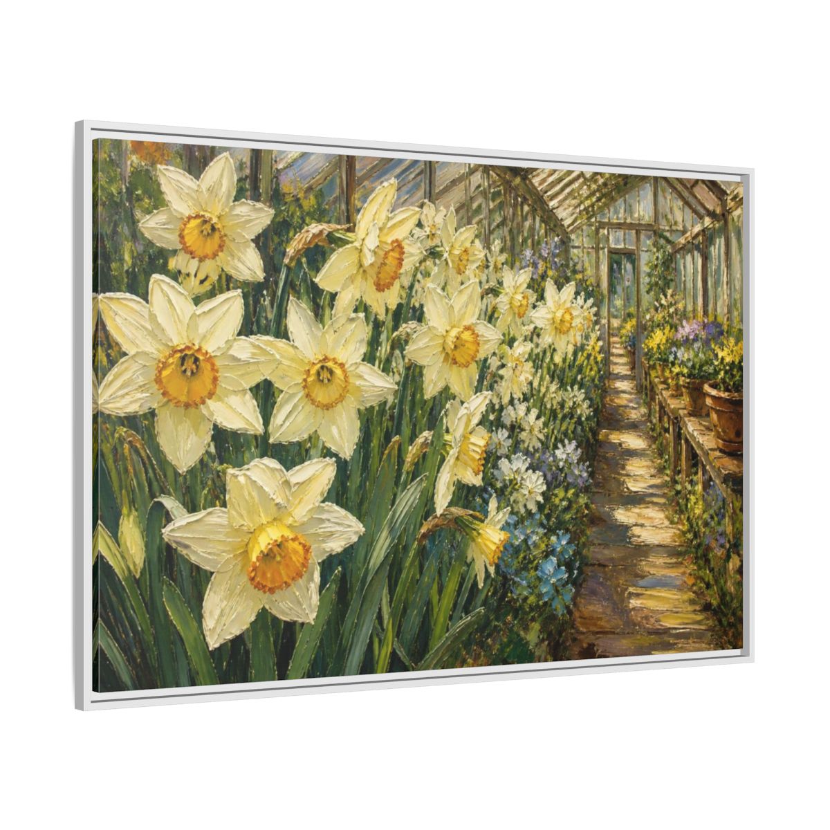 Side Mockup 7. Greenhouse Daffodil Flowers shown as framed canvas print