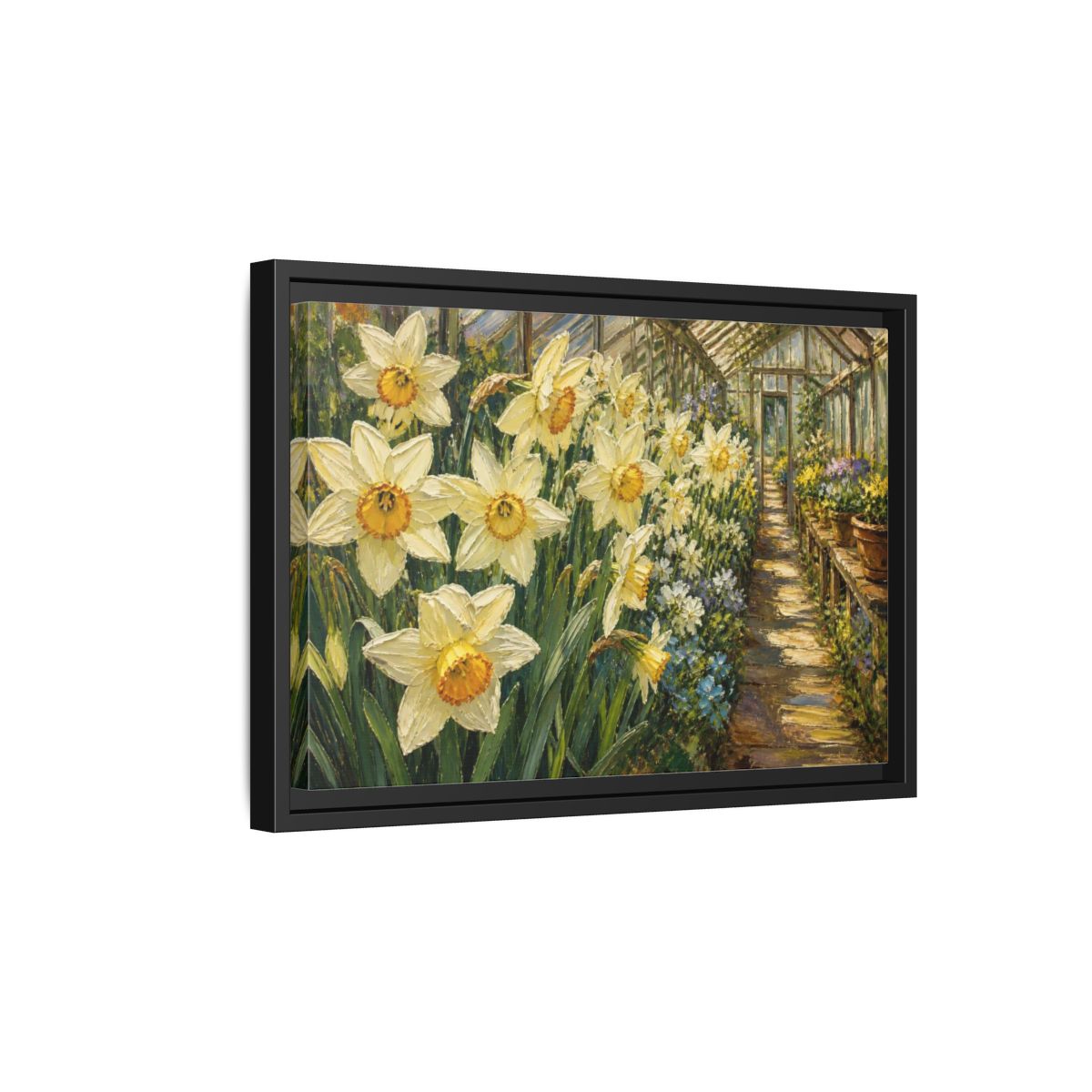 Side Mockup 6. Greenhouse Daffodil Flowers shown as framed canvas print