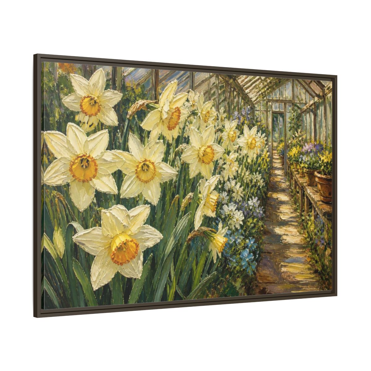 Side Mockup 8. Greenhouse Daffodil Flowers shown as framed canvas print