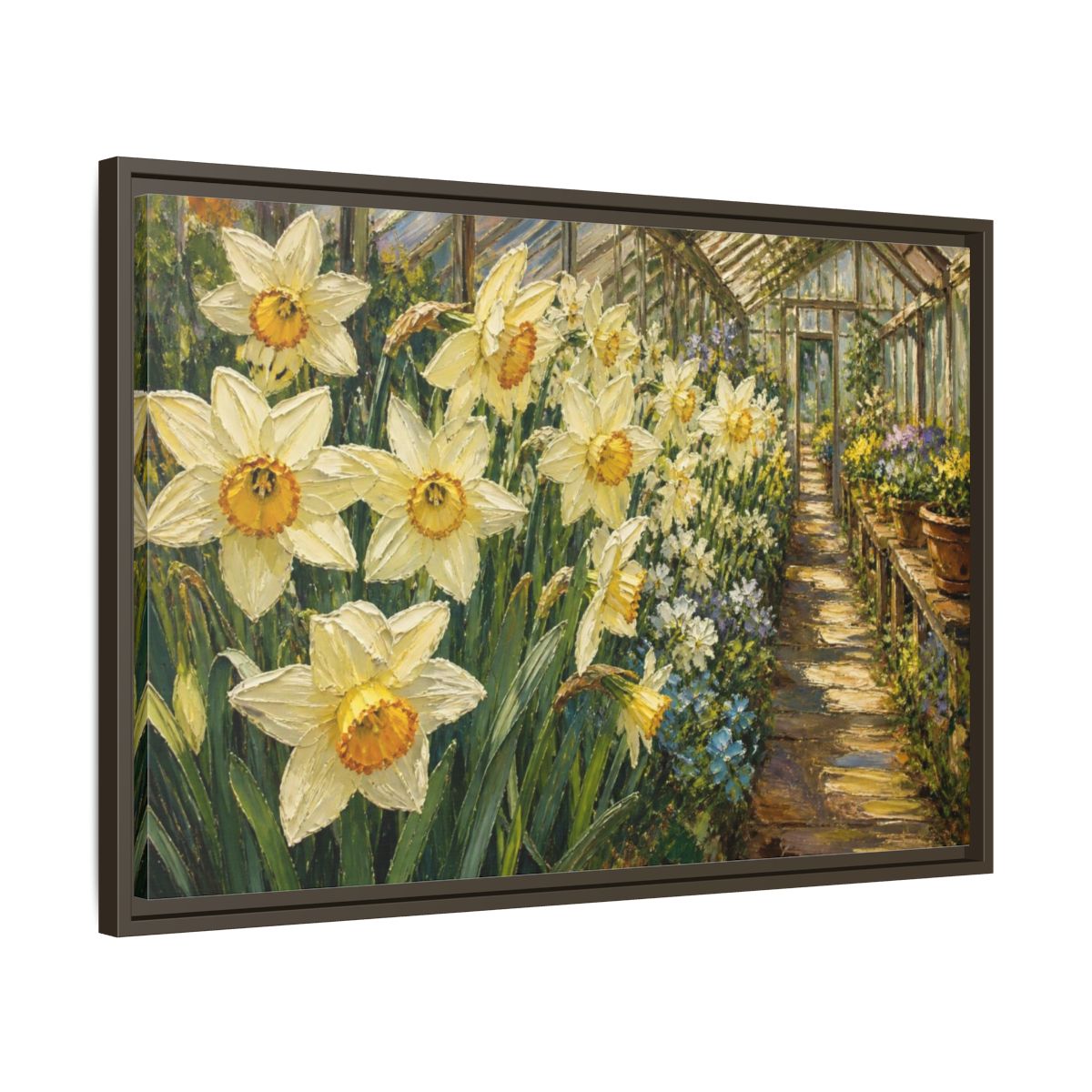 Side Mockup 11. Greenhouse Daffodil Flowers shown as framed canvas print