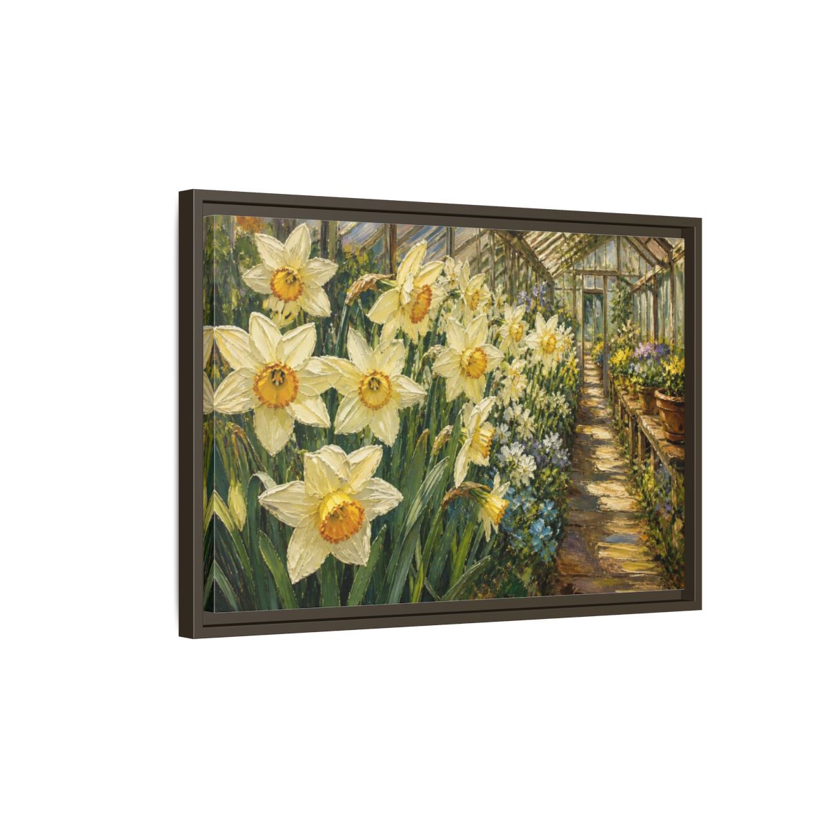 Side Mockup 2. Greenhouse Daffodil Flowers shown as framed canvas print
