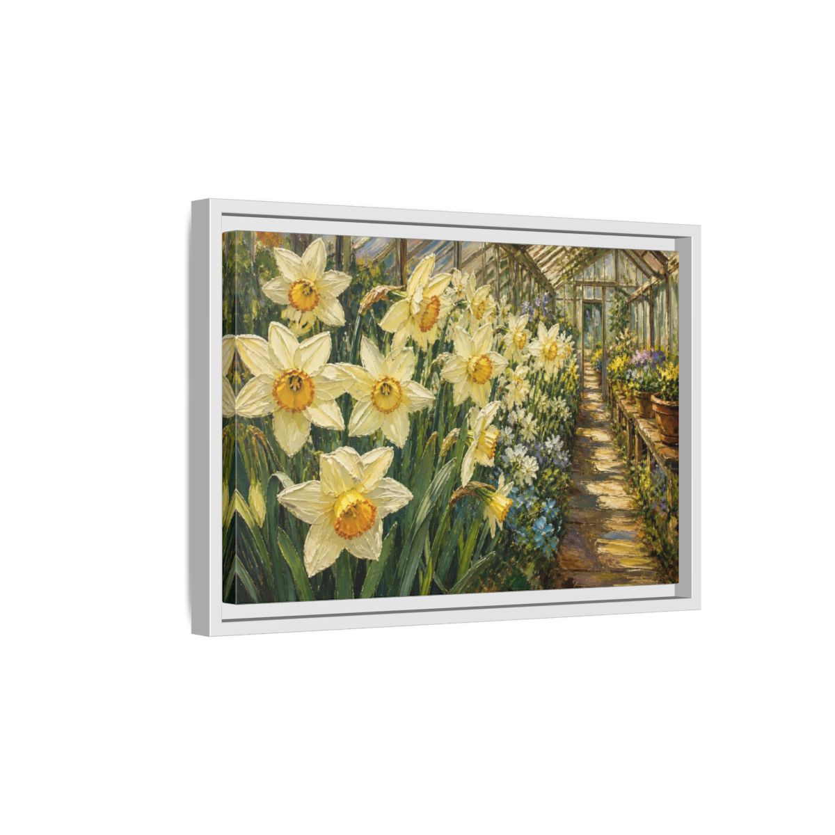 Side Mockup 4. Greenhouse Daffodil Flowers shown as framed canvas print
