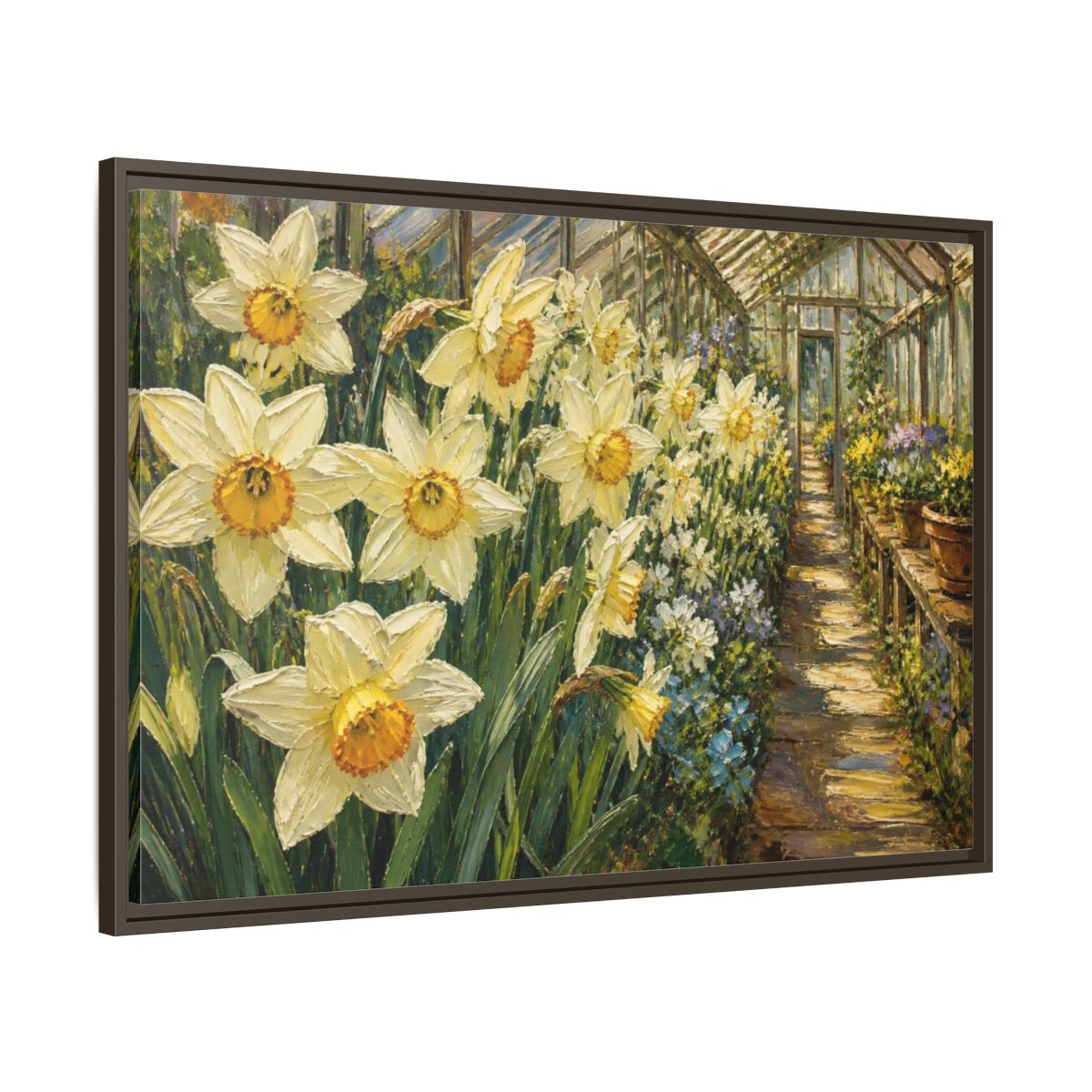 Main Mockup. Greenhouse Daffodil Flowers shown as framed canvas print