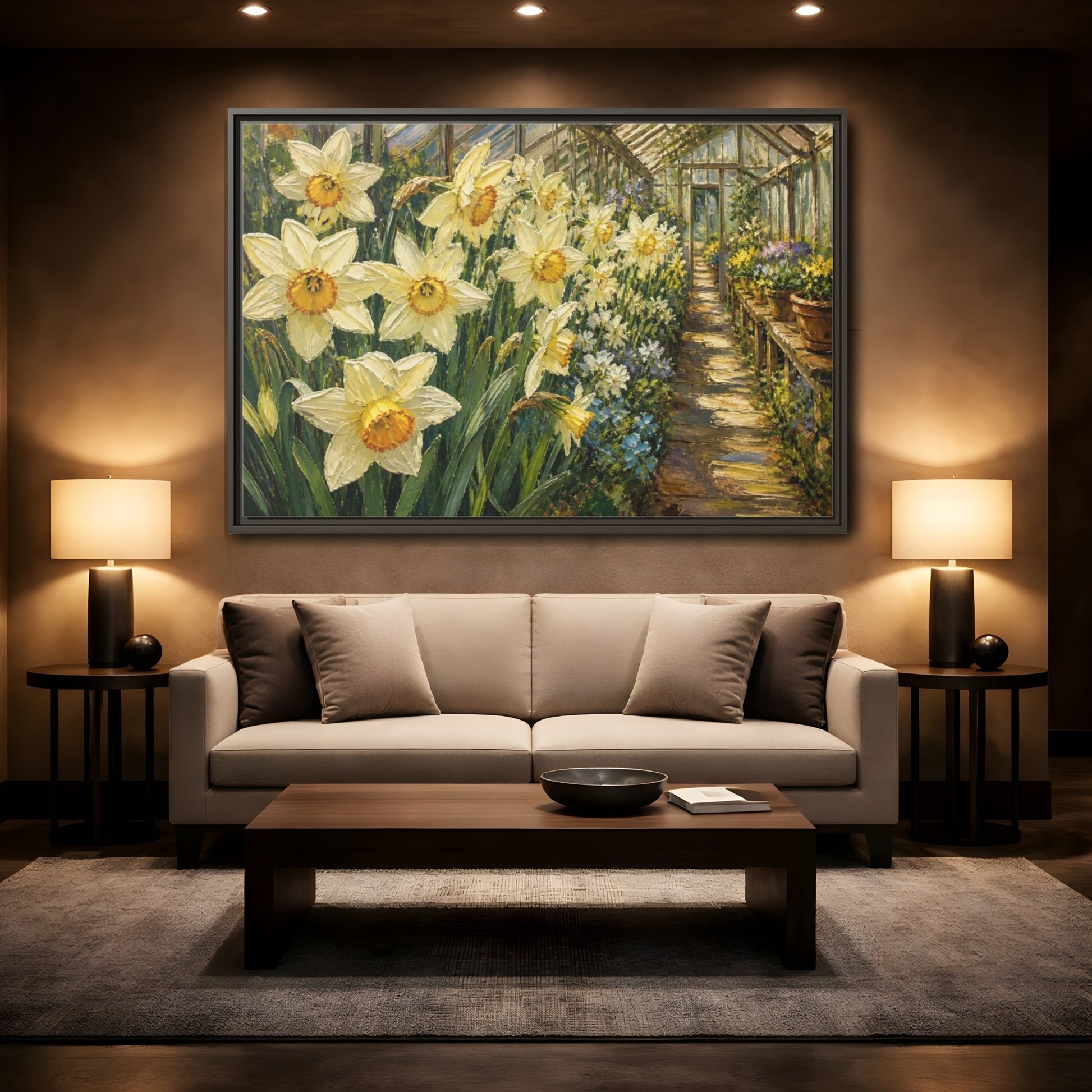 Mockup 2. Greenhouse Daffodil Flowers shown as framed canvas print