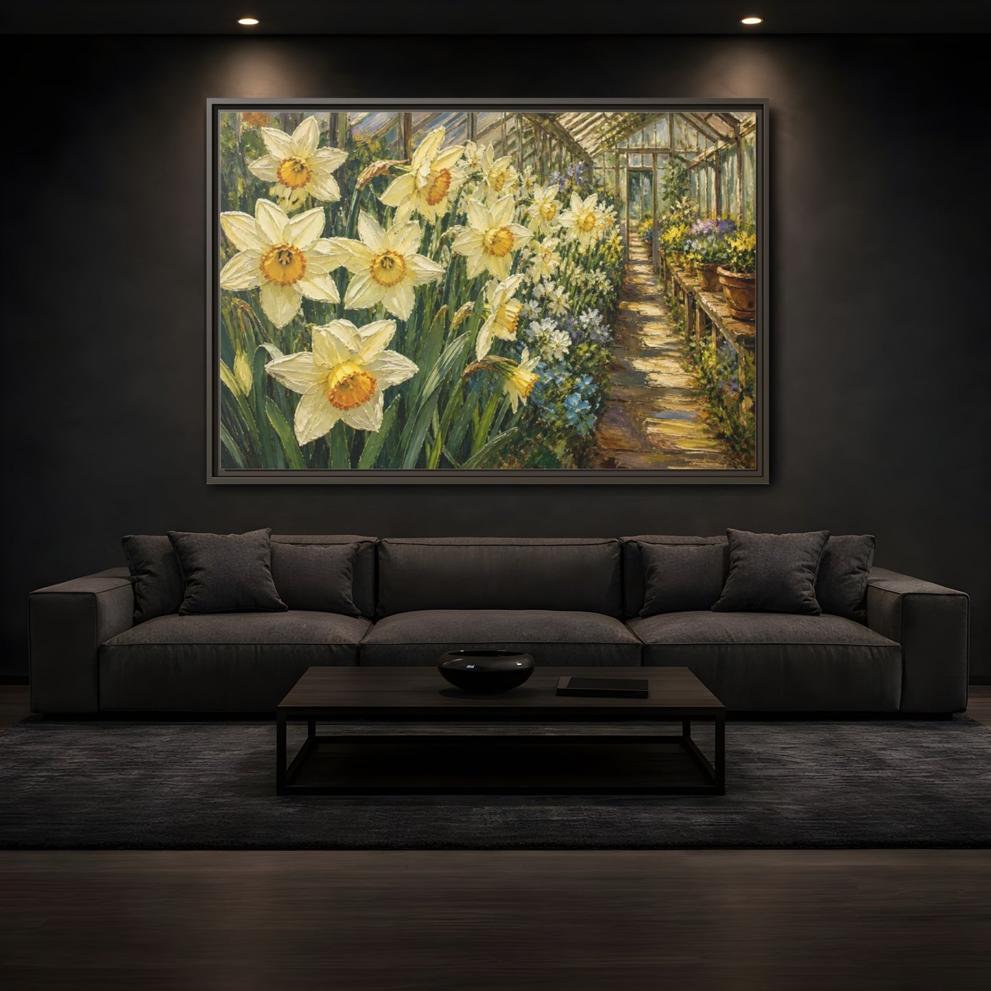 Mockup 3. Greenhouse Daffodil Flowers shown as framed canvas print