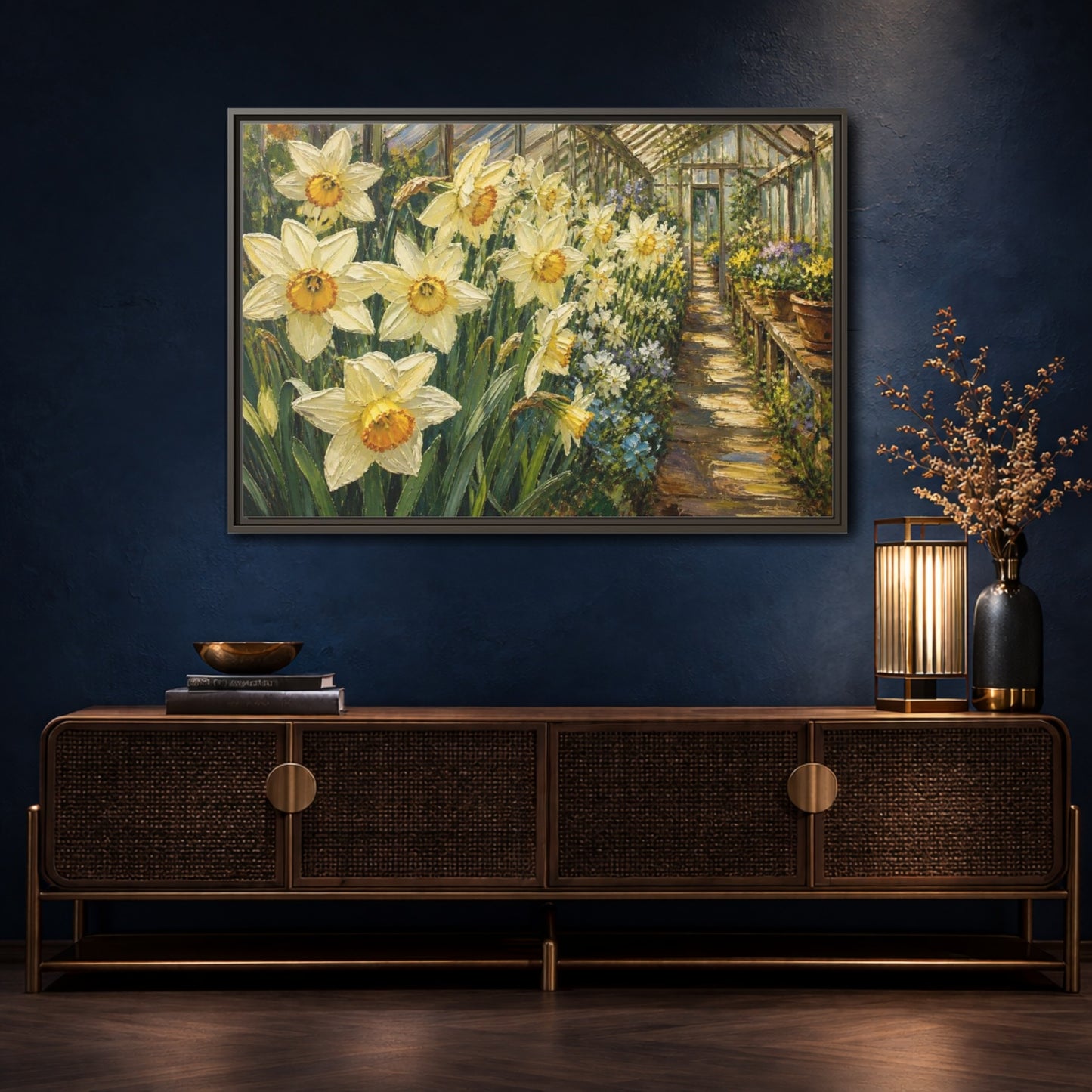 Mockup 4. Greenhouse Daffodil Flowers shown as framed canvas print