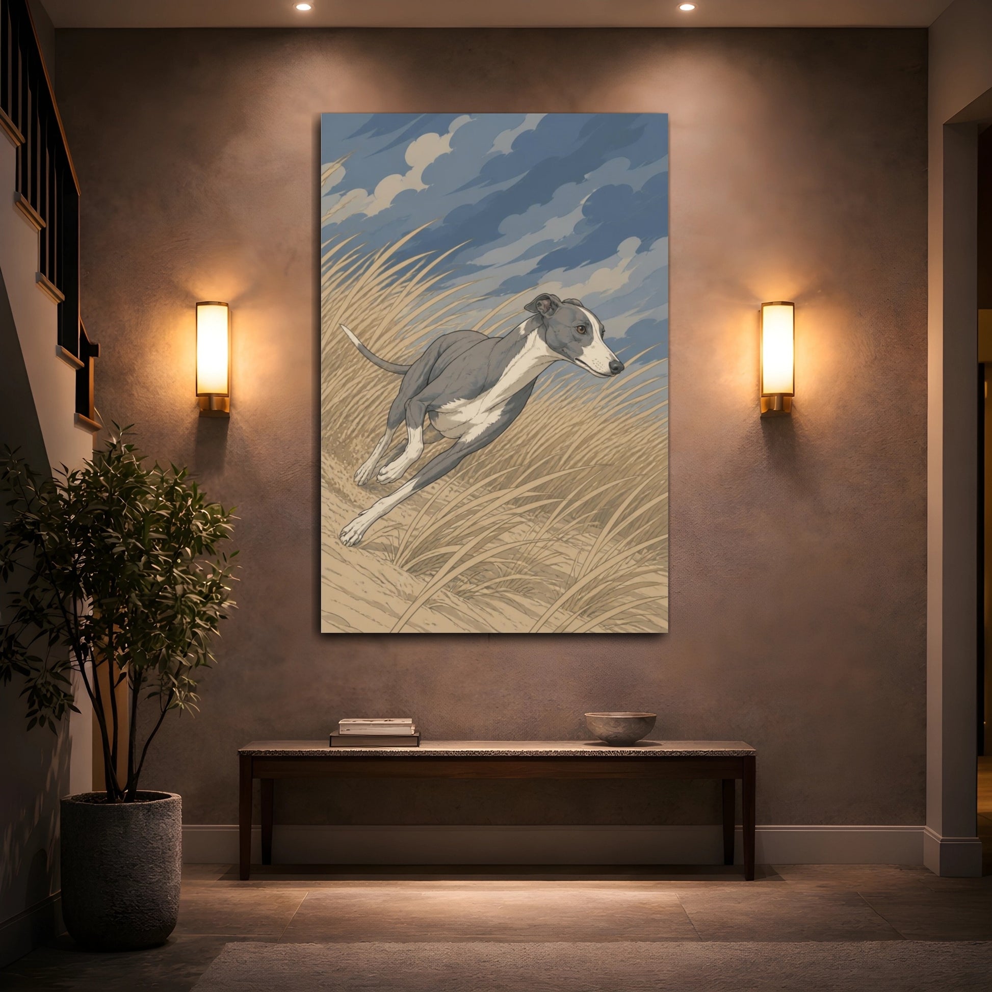 Mockup 2. Greyhound Pets Run shown as canvas print