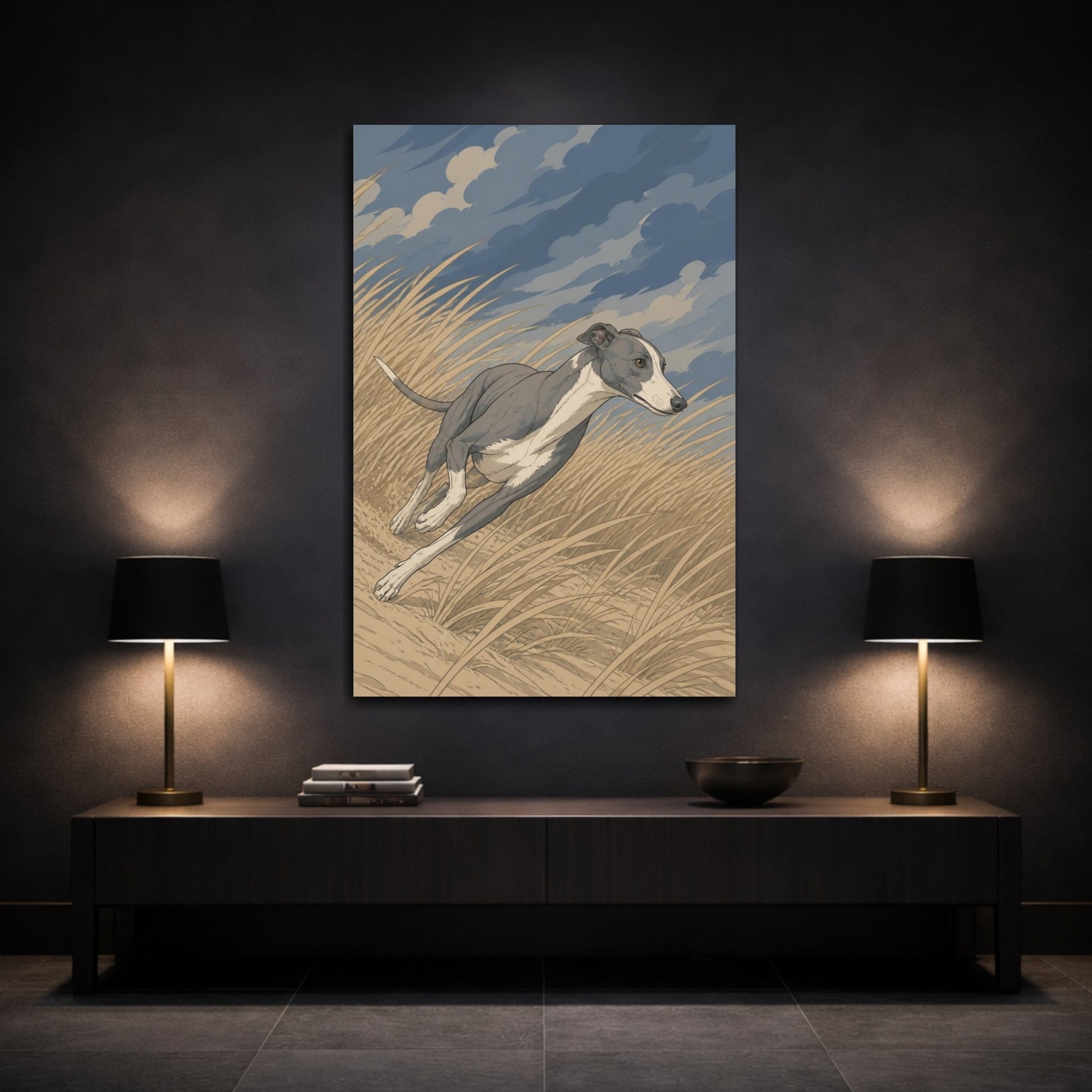 Mockup 3. Greyhound Pets Run shown as canvas print