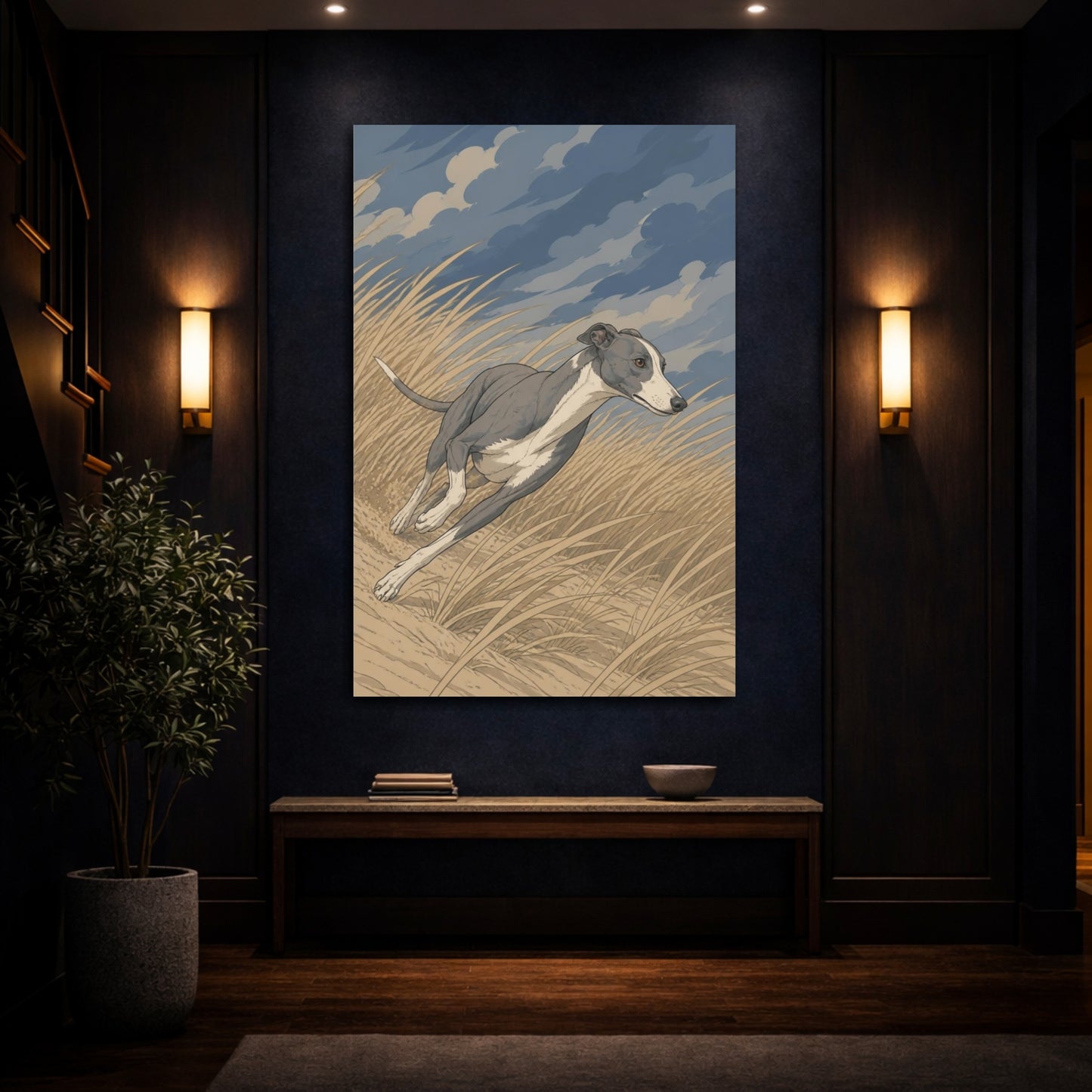 Mockup 4. Greyhound Pets Run shown as canvas print
