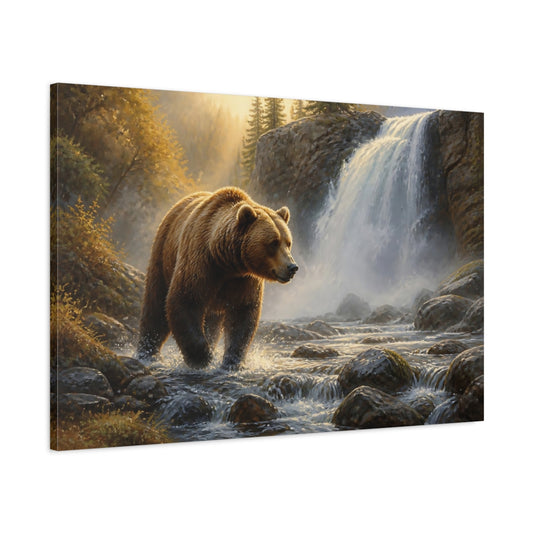 Main Mockup. Grizzly At Misty Waterfall shown as canvas print