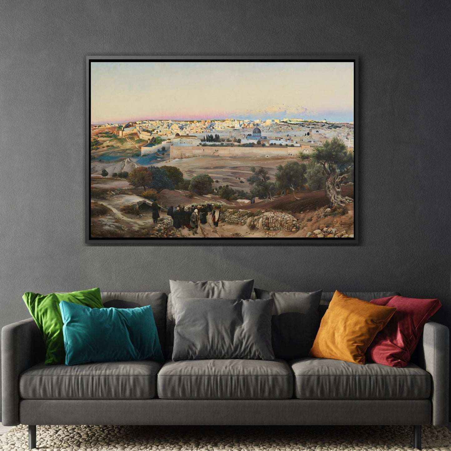 Gustav Bauernfeind Landscape Canvas Wall Art Print - Jerusalem Mount of the Olives at Sunrise Artwork in Black Frame