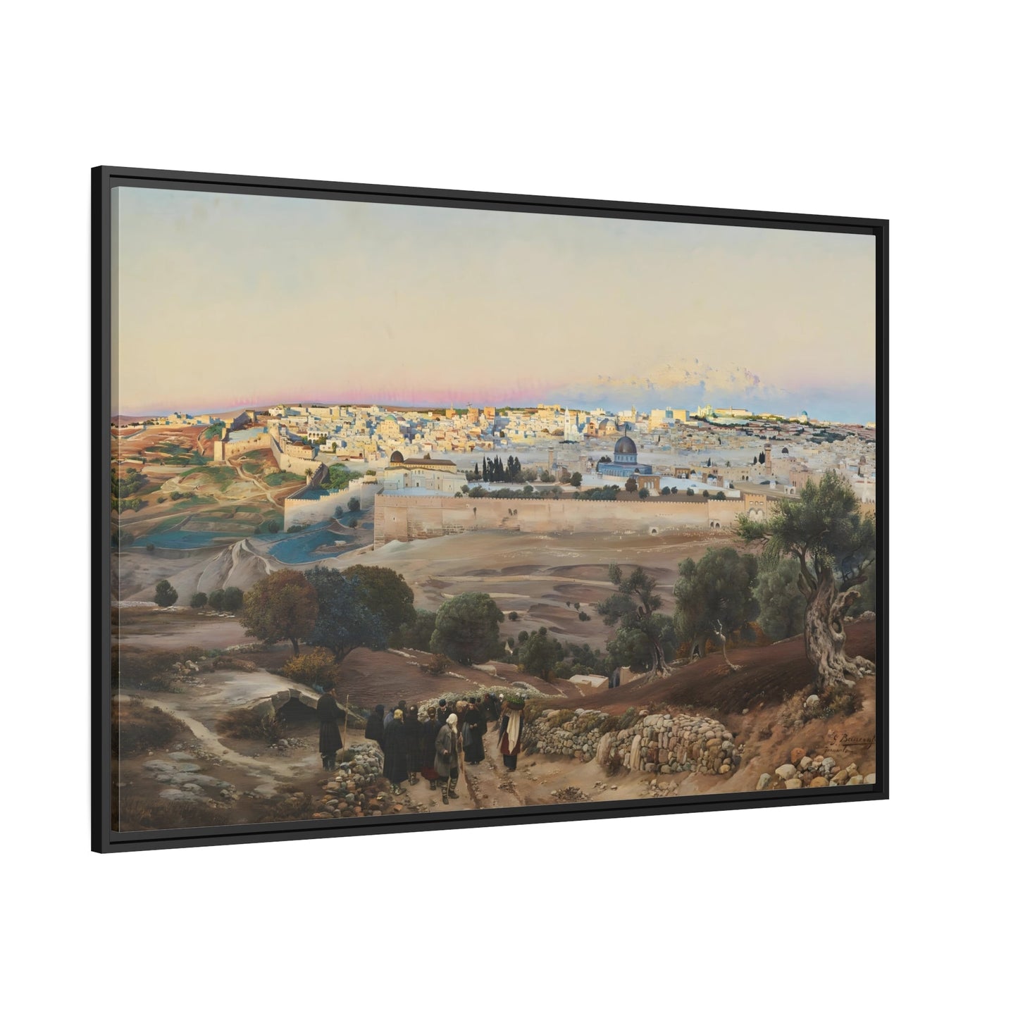 Gustav Bauernfeind Landscape Canvas Wall Art Print - Jerusalem Mount of the Olives at Sunrise Artwork in Black Frame