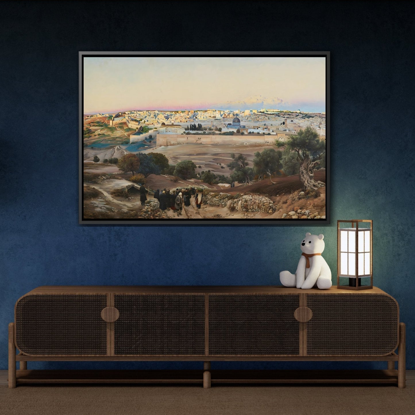 Gustav Bauernfeind Landscape Canvas Wall Art Print - Jerusalem Mount of the Olives at Sunrise Artwork in Black Frame