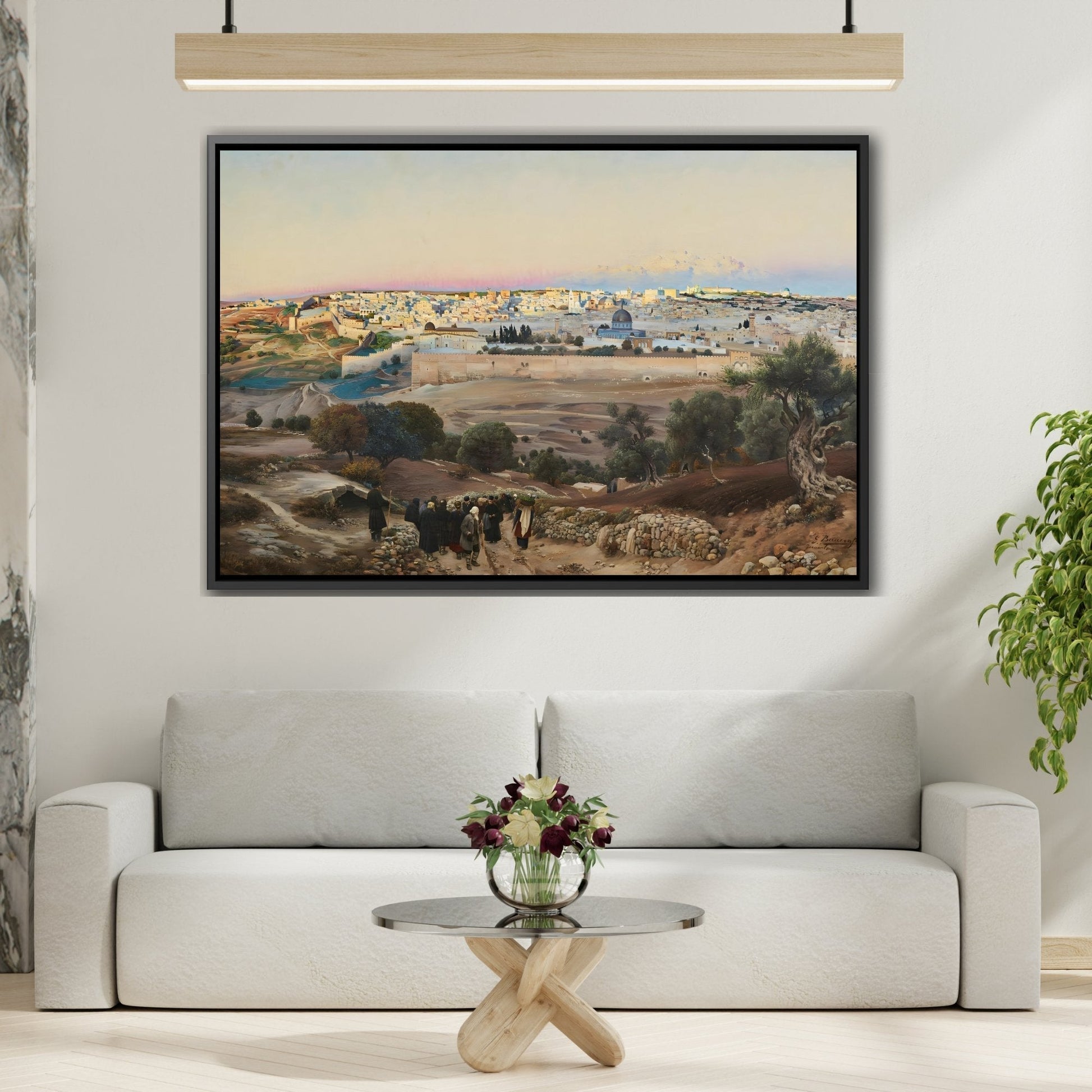 Gustav Bauernfeind Landscape Canvas Wall Art Print - Jerusalem Mount of the Olives at Sunrise Artwork in Black Frame