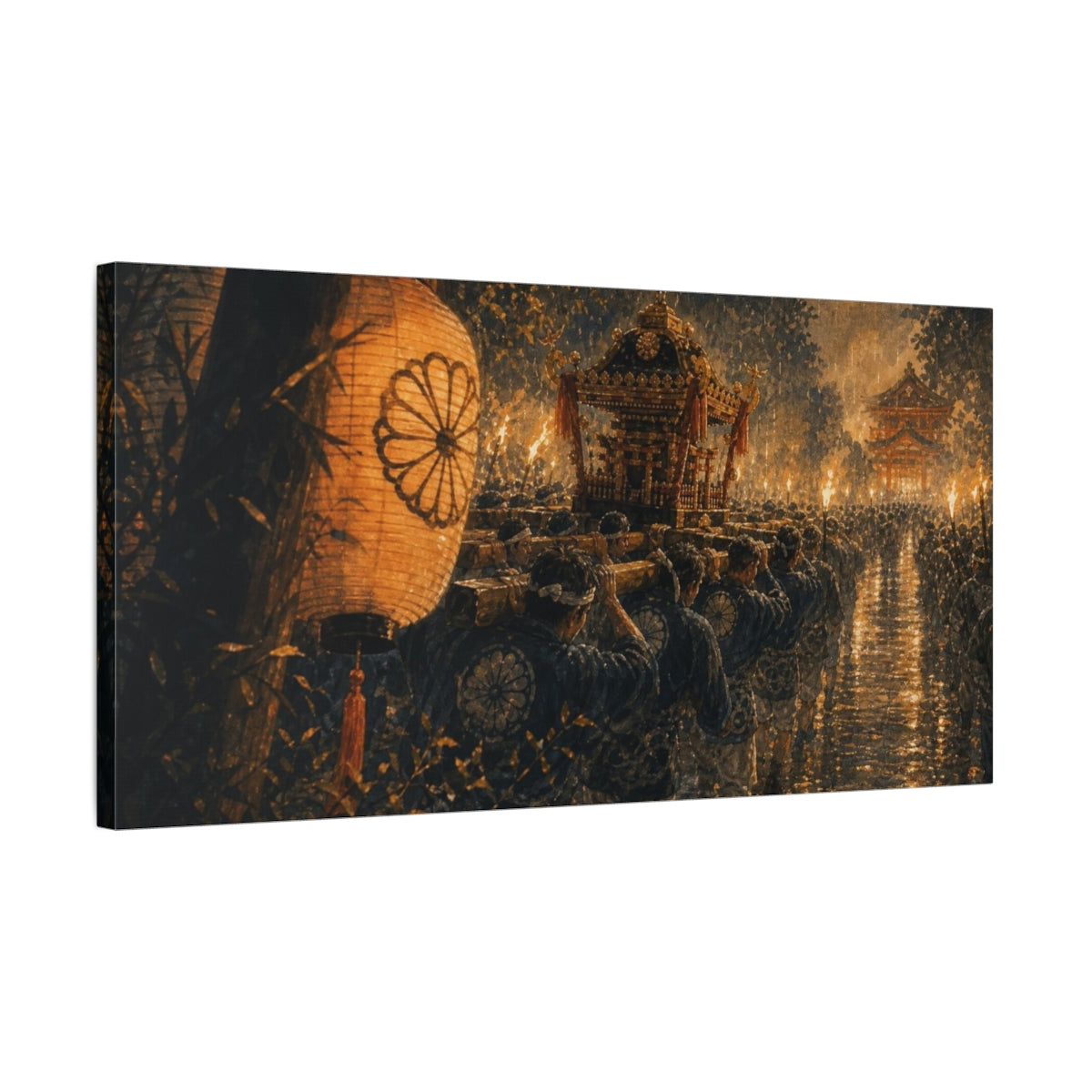 Side Mockup 1. Hand-Painted Gouache Texture Portable Shrine Procession Surging Through Warm Rain And Torchlight shown as canvas print