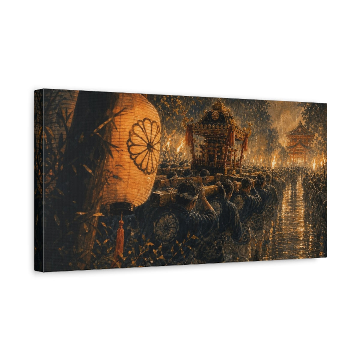 Side Mockup 3. Hand-Painted Gouache Texture Portable Shrine Procession Surging Through Warm Rain And Torchlight shown as canvas print