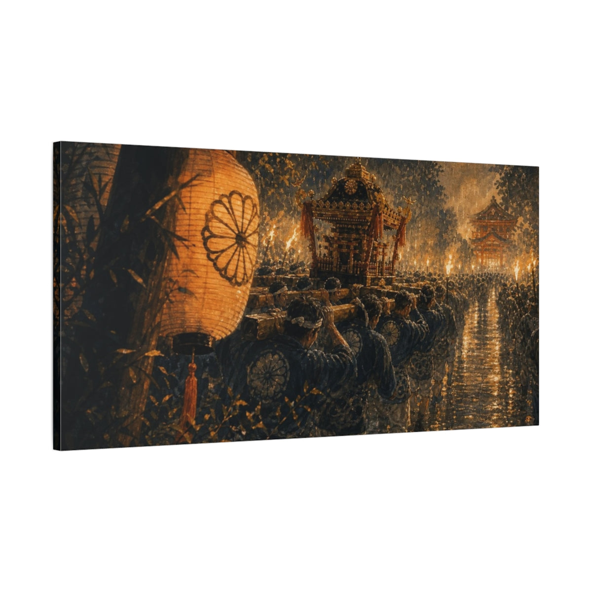 Main Mockup. Hand-Painted Gouache Texture Portable Shrine Procession Surging Through Warm Rain And Torchlight shown as canvas print