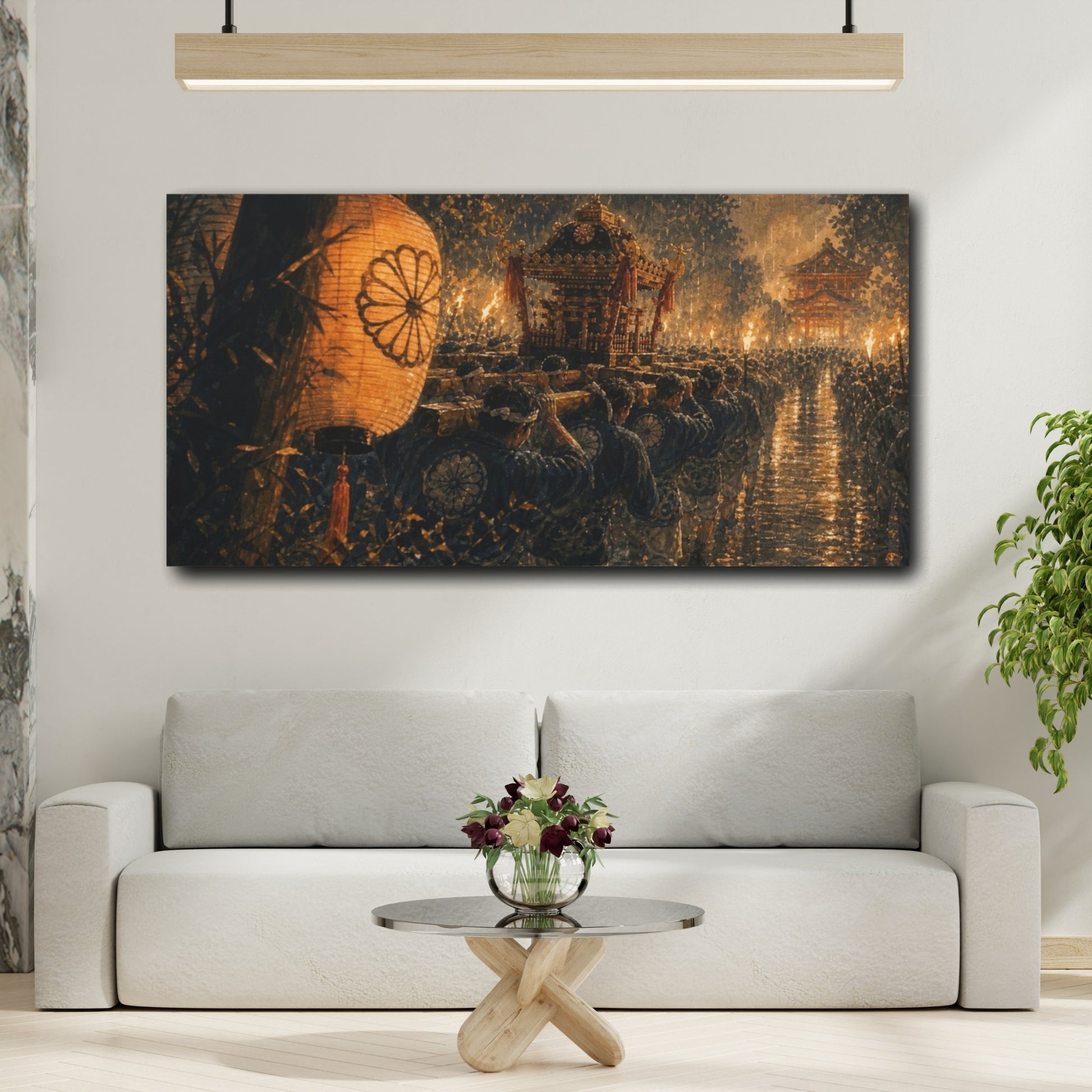 Mockup 2. Hand-Painted Gouache Texture Portable Shrine Procession Surging Through Warm Rain And Torchlight shown as canvas print