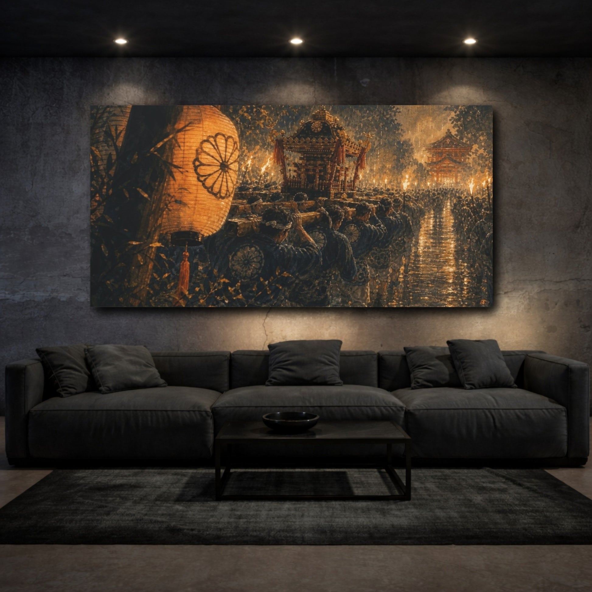 Mockup 3. Hand-Painted Gouache Texture Portable Shrine Procession Surging Through Warm Rain And Torchlight shown as canvas print