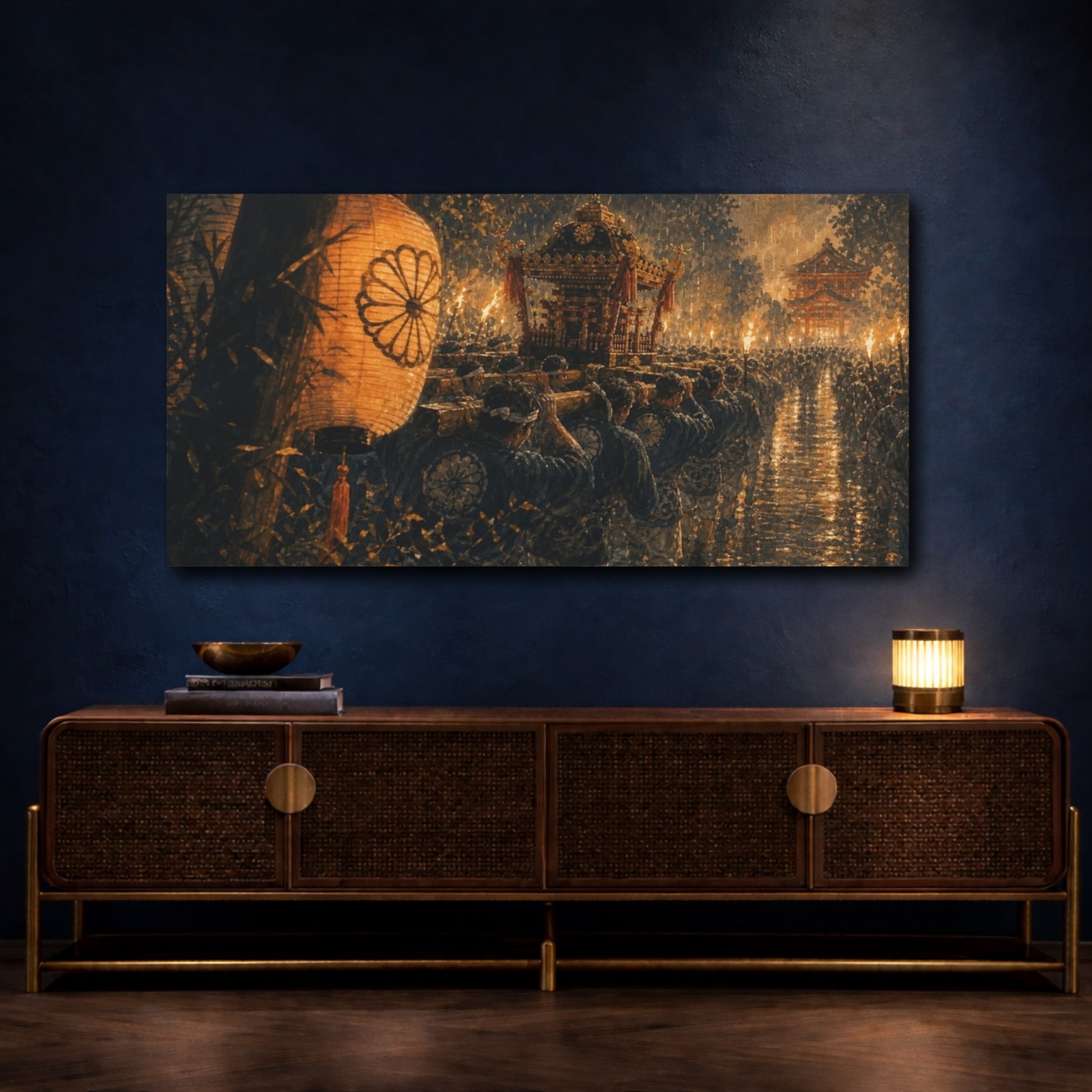Mockup 4. Hand-Painted Gouache Texture Portable Shrine Procession Surging Through Warm Rain And Torchlight shown as canvas print