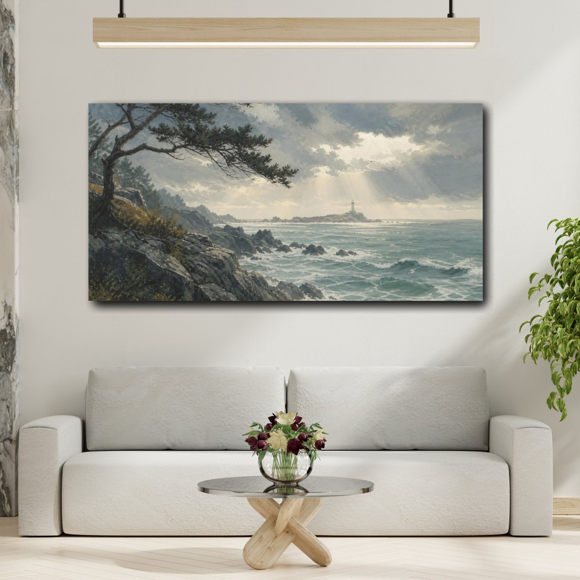 Mockup 2. Hand-Painted Gouache Texture Rocky Coast Beneath A Clearing Storm, Graphite And Sea-Glass Palette shown as canvas print
