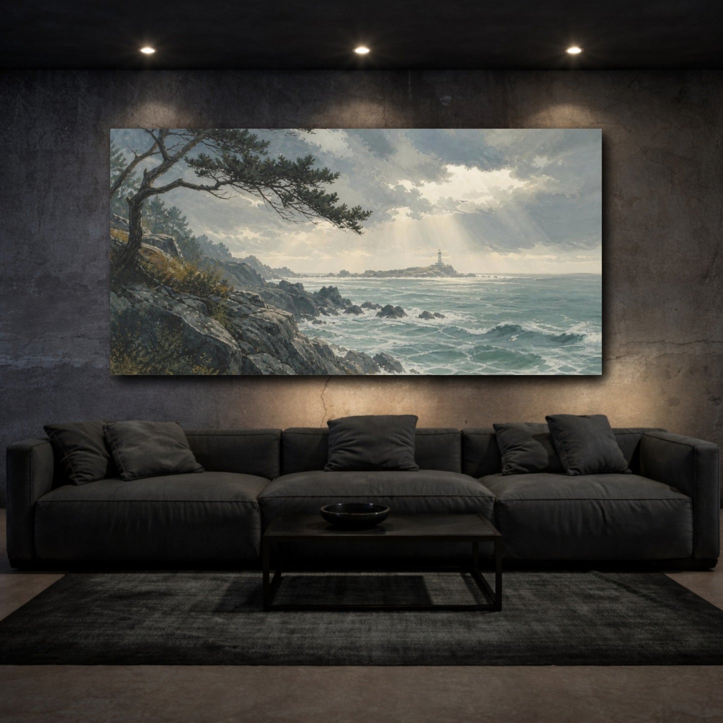 Mockup 3. Hand-Painted Gouache Texture Rocky Coast Beneath A Clearing Storm, Graphite And Sea-Glass Palette shown as canvas print
