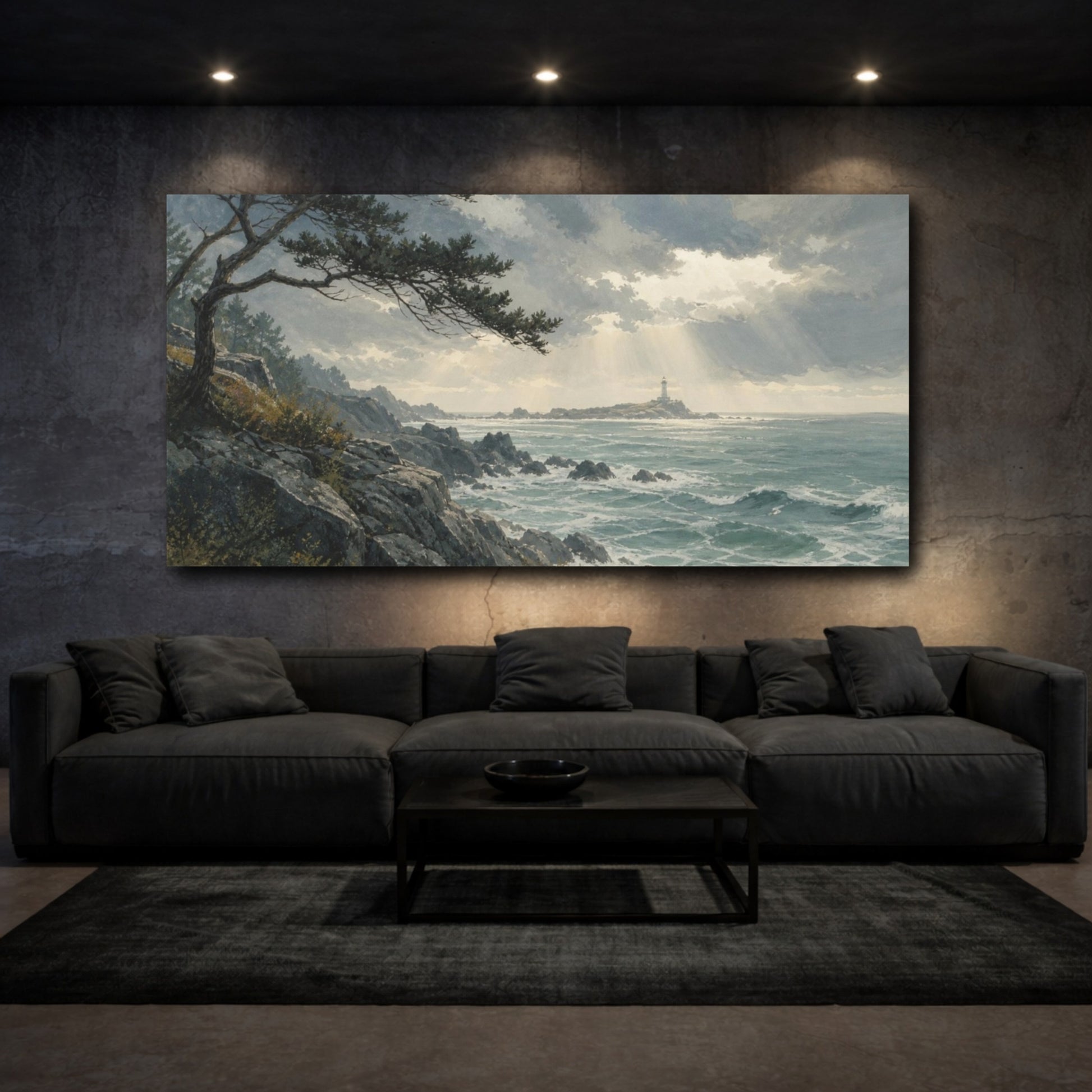 Mockup 3. Hand-Painted Gouache Texture Rocky Coast Beneath A Clearing Storm, Graphite And Sea-Glass Palette shown as canvas print