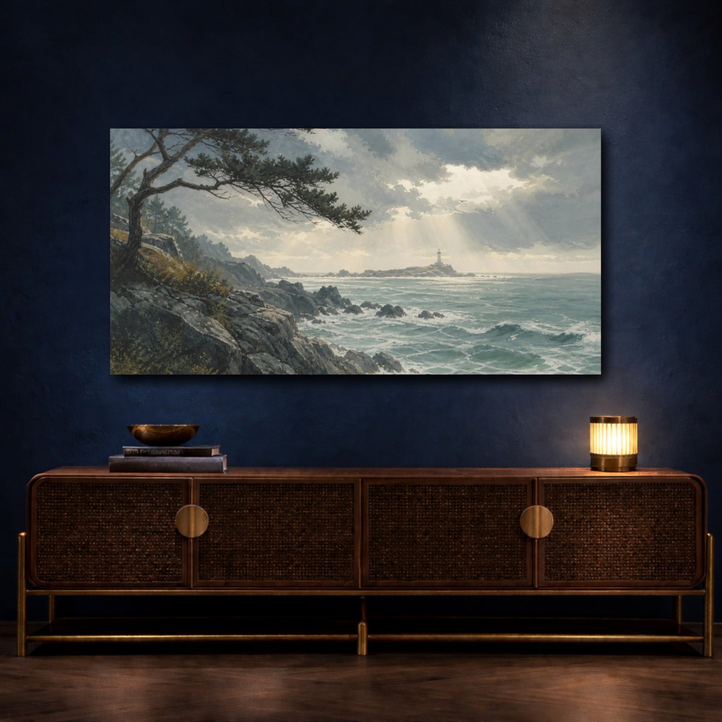 Mockup 4. Hand-Painted Gouache Texture Rocky Coast Beneath A Clearing Storm, Graphite And Sea-Glass Palette shown as canvas print