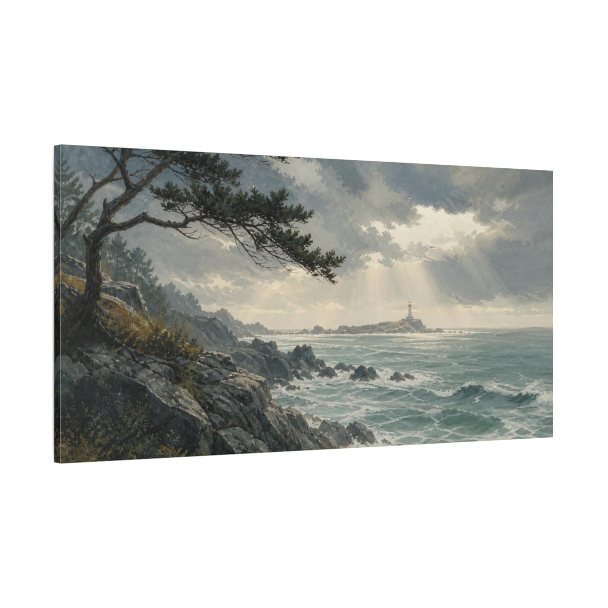 Side Mockup 2. Hand-Painted Gouache Texture Rocky Coast Beneath A Clearing Storm, Graphite And Sea-Glass Palette shown as canvas print