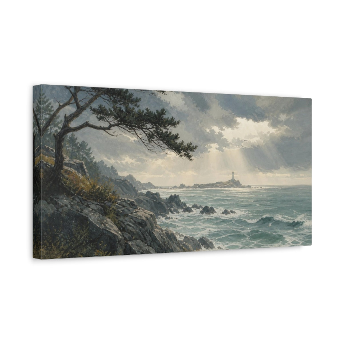 Side Mockup 3. Hand-Painted Gouache Texture Rocky Coast Beneath A Clearing Storm, Graphite And Sea-Glass Palette shown as canvas print