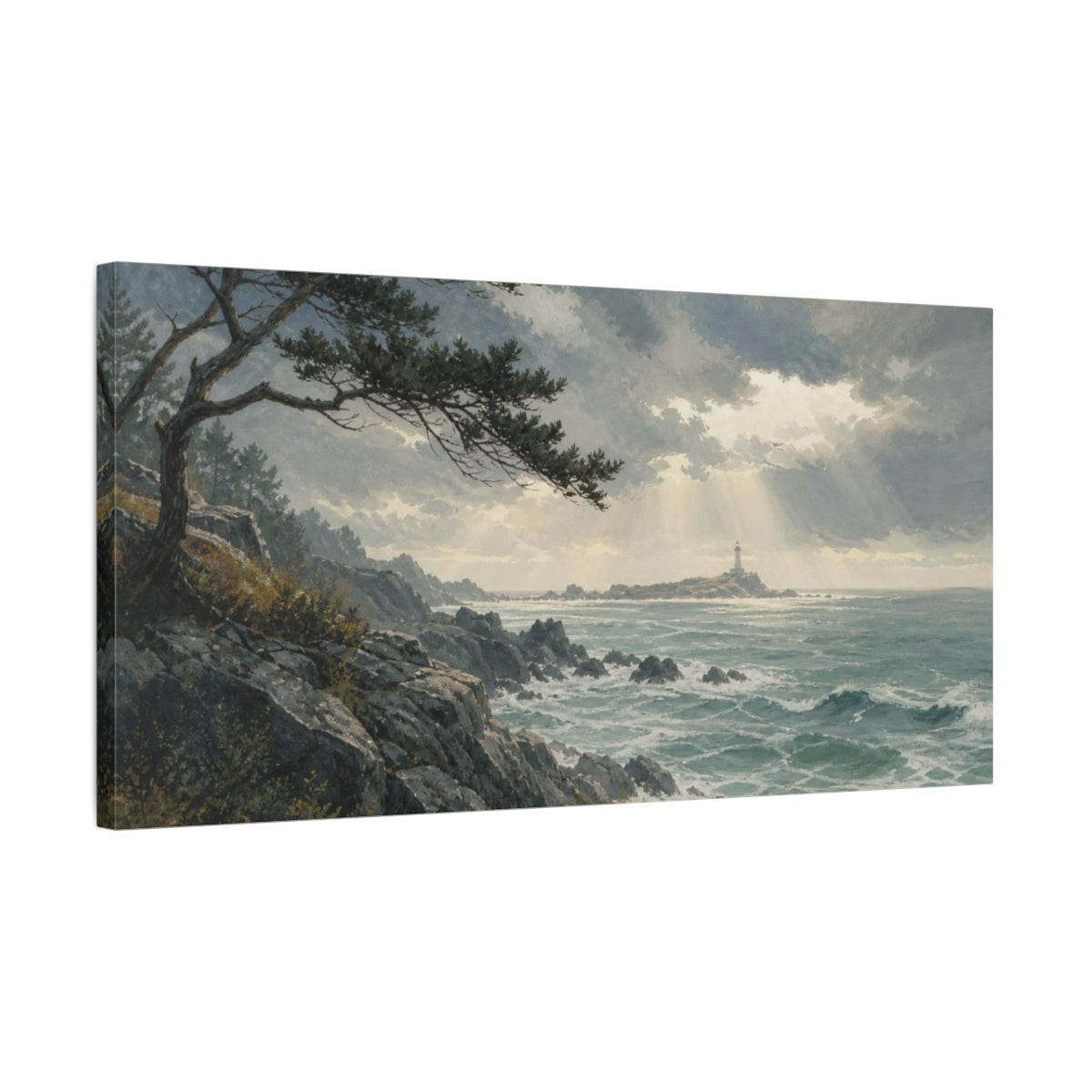 Side Mockup 1. Hand-Painted Gouache Texture Rocky Coast Beneath A Clearing Storm, Graphite And Sea-Glass Palette shown as canvas print