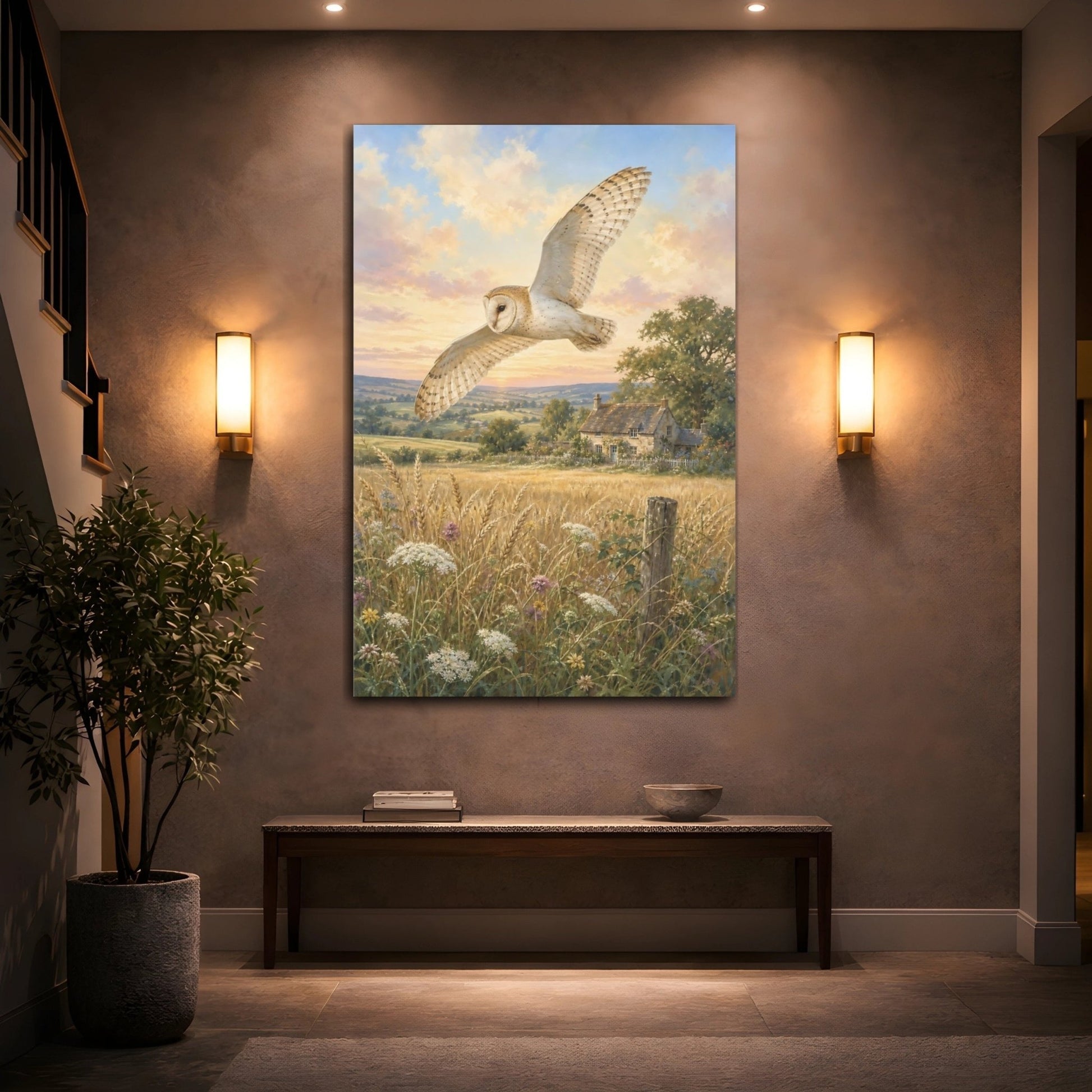 Hand - Painted Scenic Postcard Aesthetic Barn Owl Canvas Wall Art Print – Realistic Living Room, Above Console Table - YesArtYes