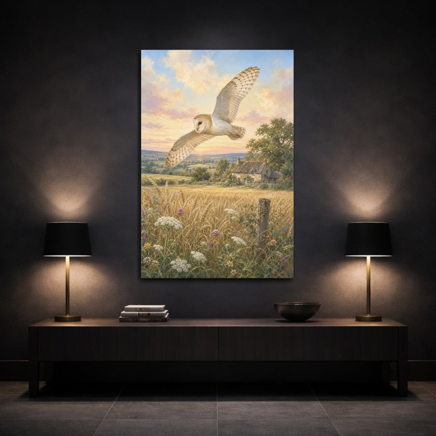 Hand - Painted Scenic Postcard Aesthetic Barn Owl Canvas Wall Art Print – Realistic Living Room, Above Console Table - YesArtYes