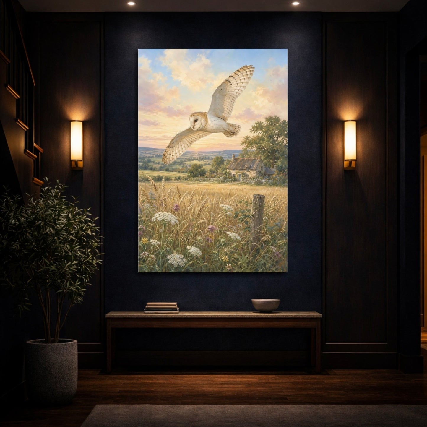 Hand - Painted Scenic Postcard Aesthetic Barn Owl Canvas Wall Art Print – Realistic Living Room, Above Console Table - YesArtYes