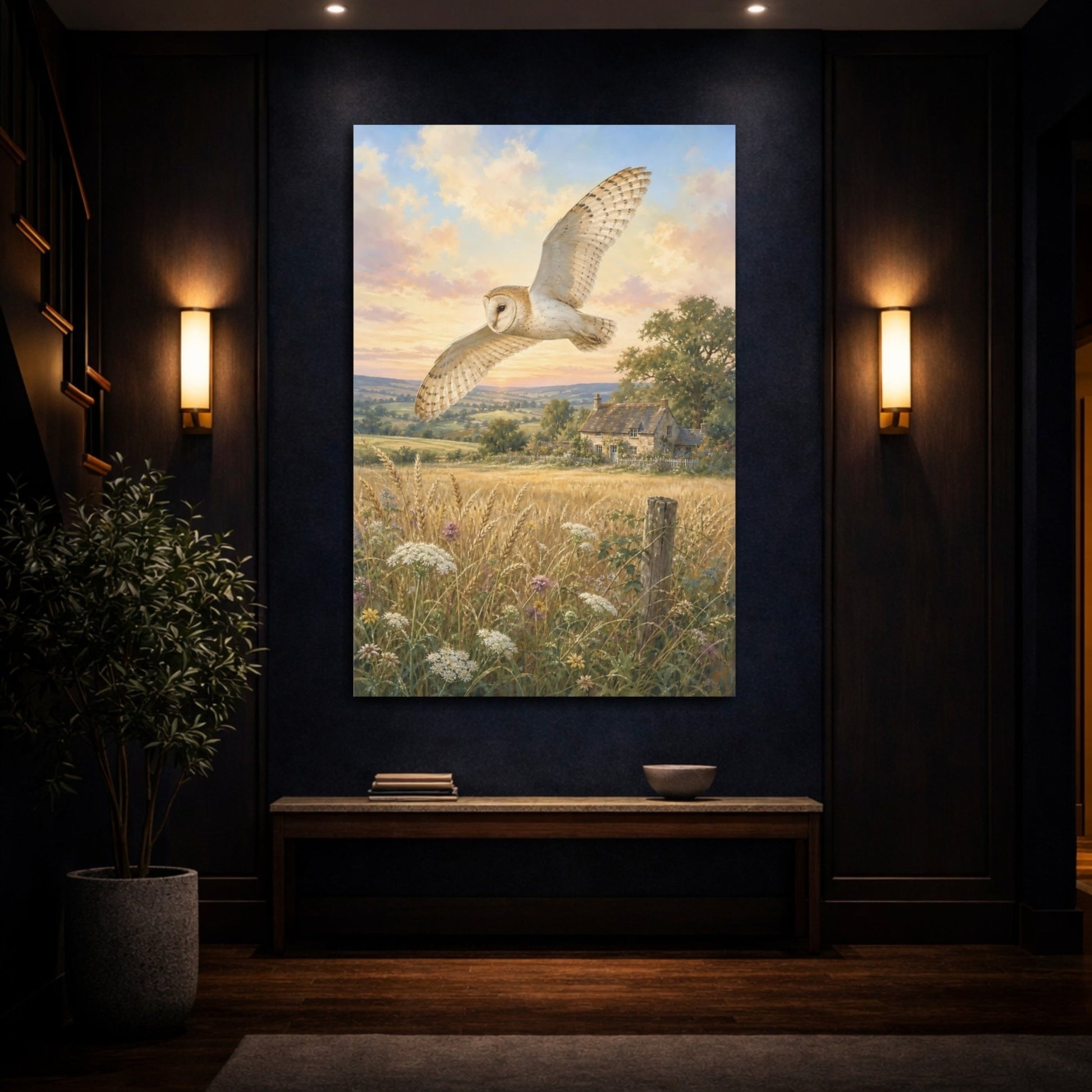Hand - Painted Scenic Postcard Aesthetic Barn Owl Canvas Wall Art Print – Realistic Living Room, Above Console Table - YesArtYes