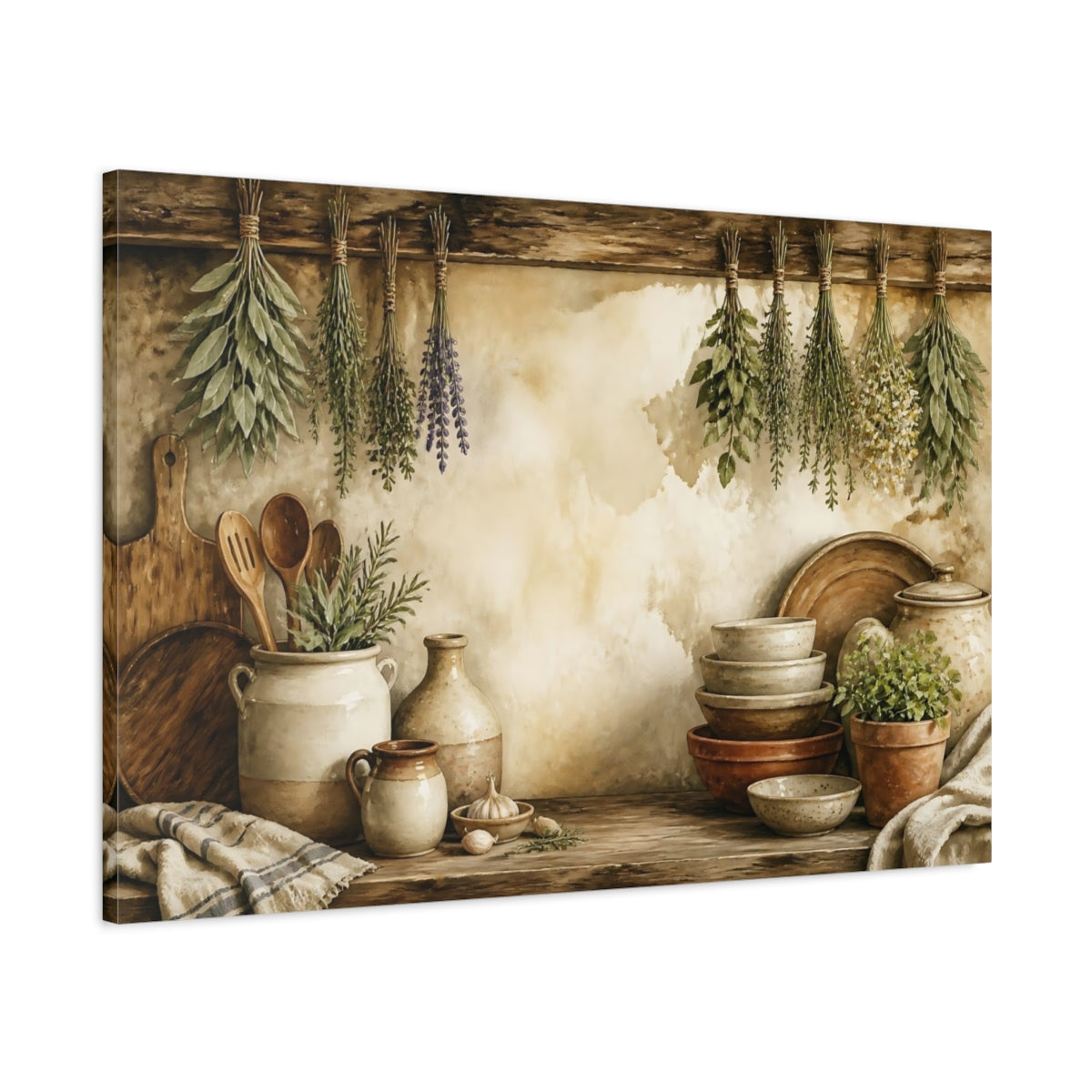 Main Mockup. Hanging Herbs Still Life shown as canvas print