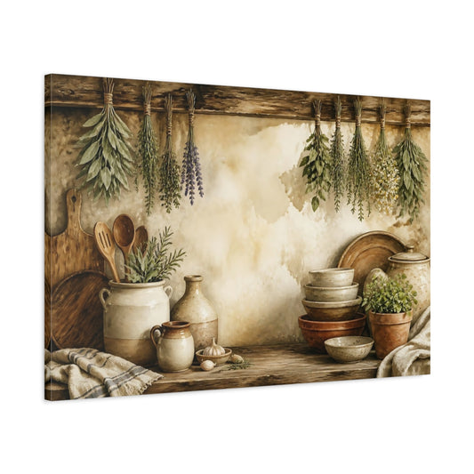 Main Mockup. Hanging Herbs Still Life shown as canvas print