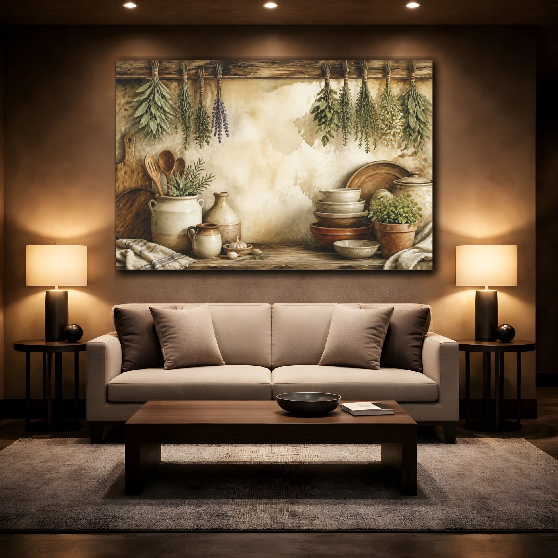 Mockup 2. Hanging Herbs Still Life shown as canvas print