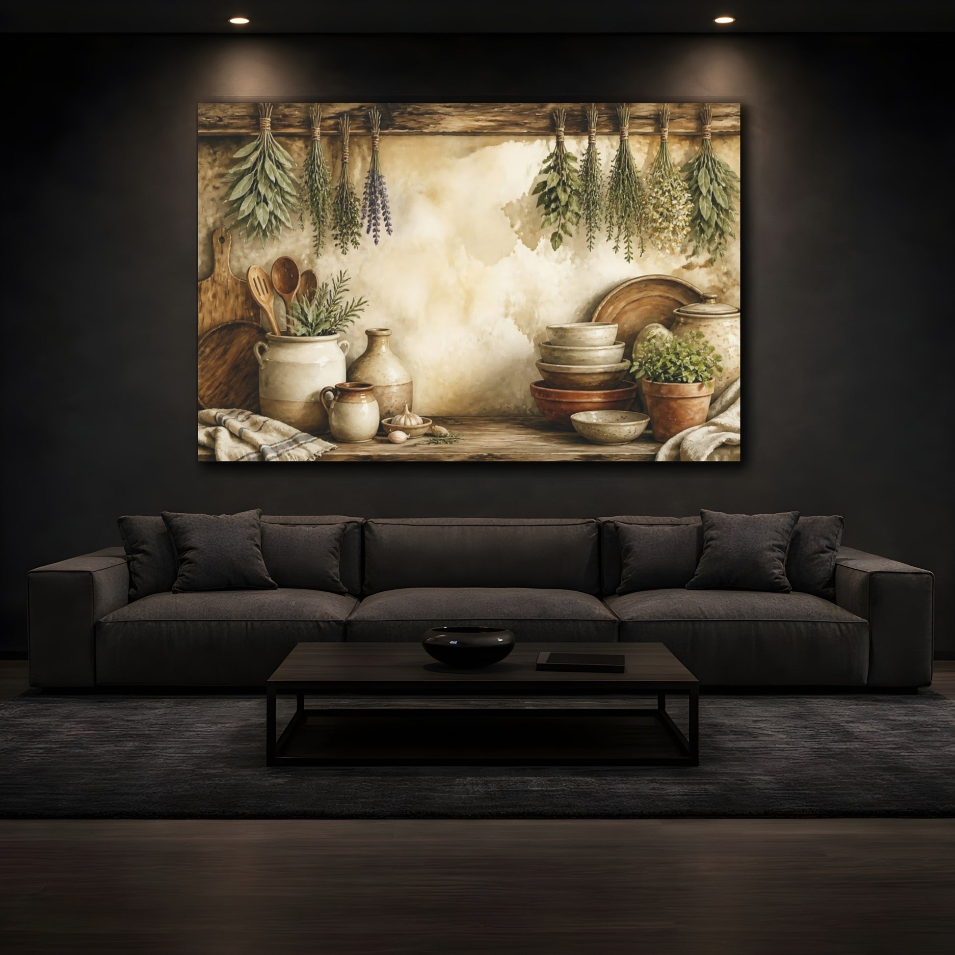 Mockup 3. Hanging Herbs Still Life shown as canvas print
