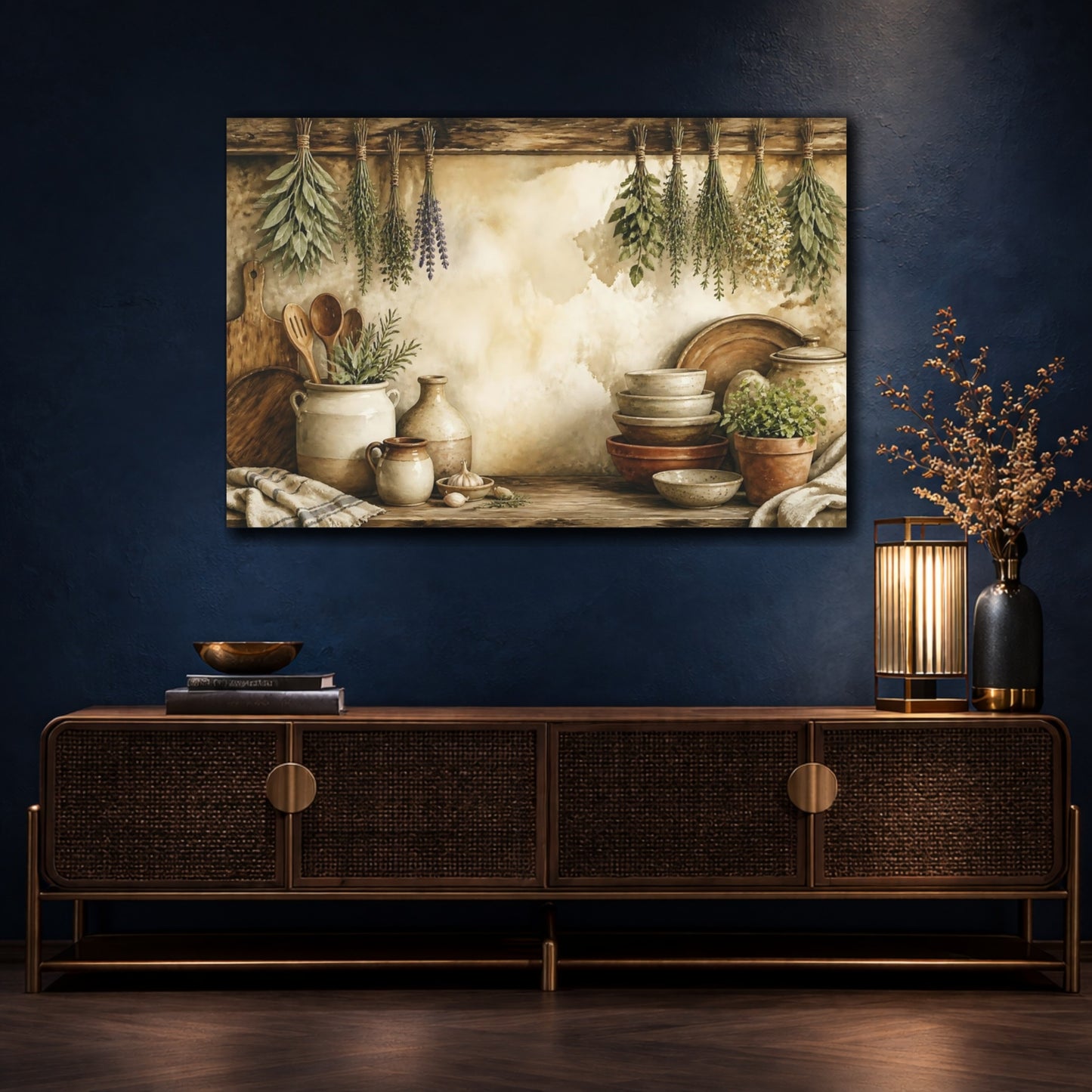 Mockup 4. Hanging Herbs Still Life shown as canvas print