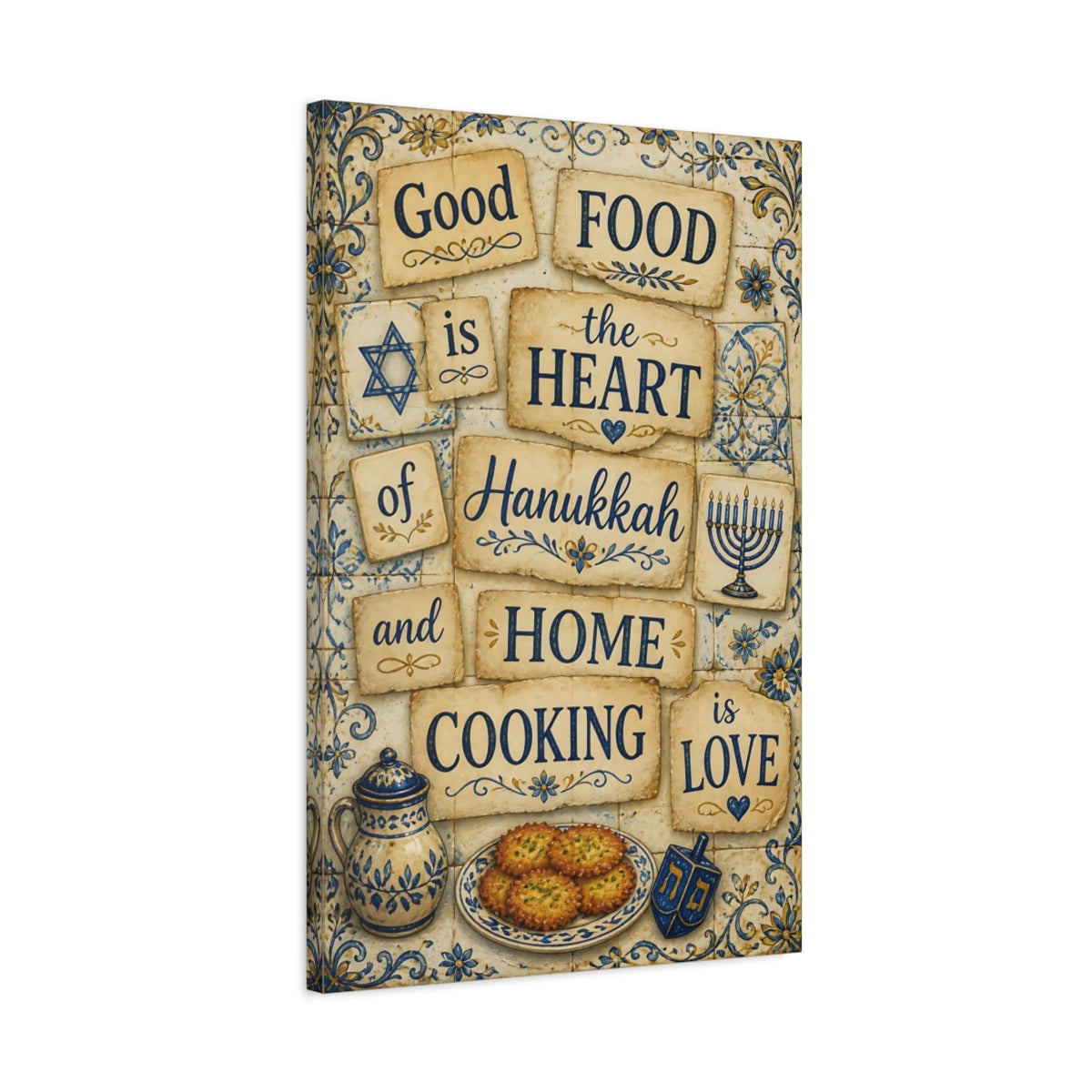 Side Mockup 2. Hanukkah Cooking Quotes shown as canvas print