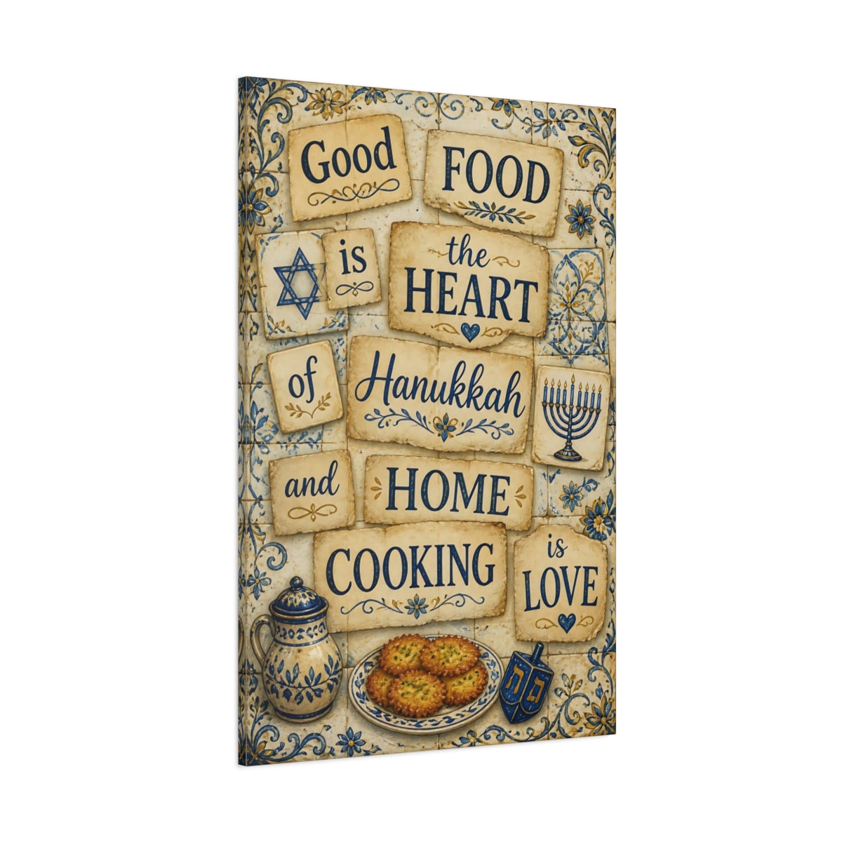 Side Mockup 1. Hanukkah Cooking Quotes shown as canvas print