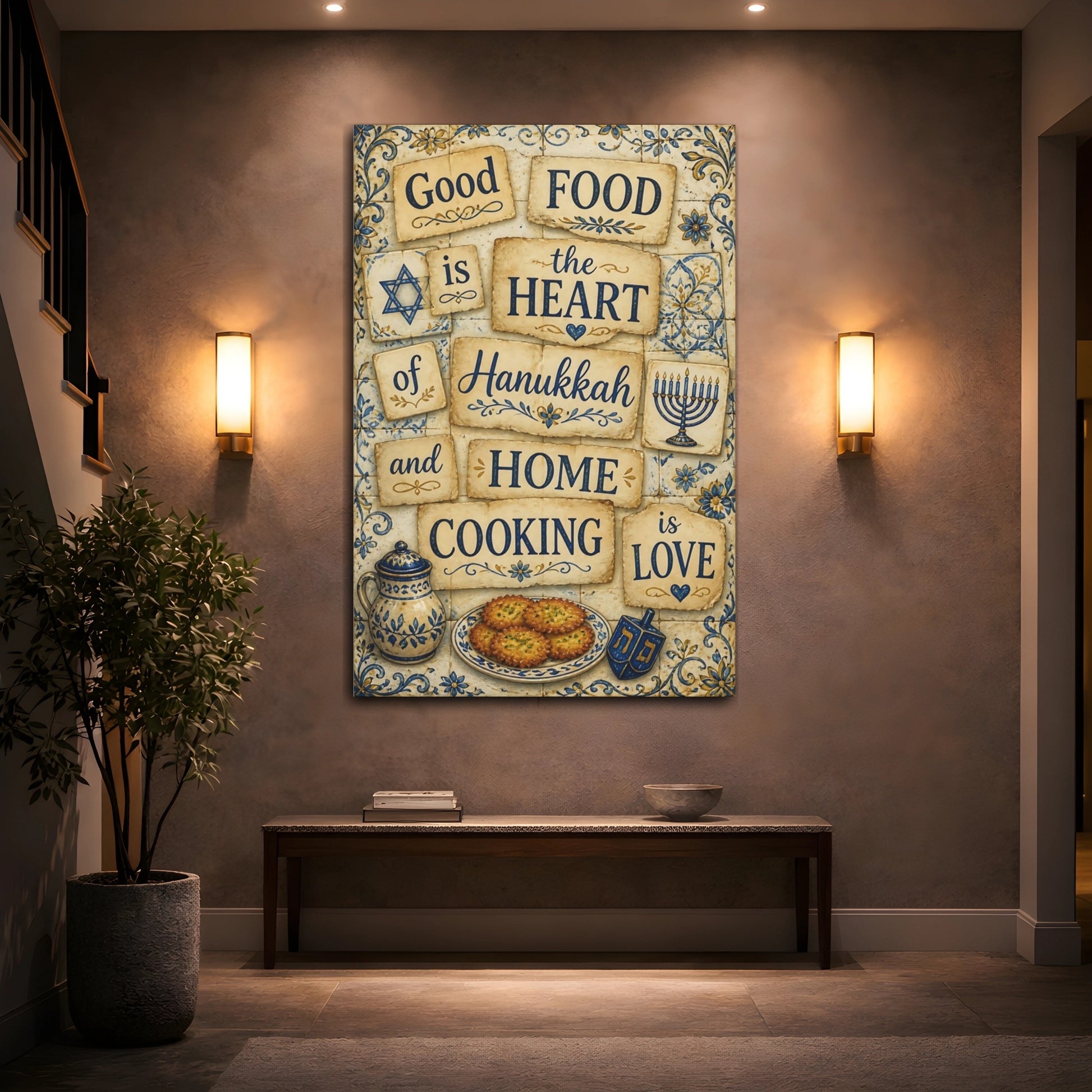 Mockup 2. Hanukkah Cooking Quotes shown as canvas print