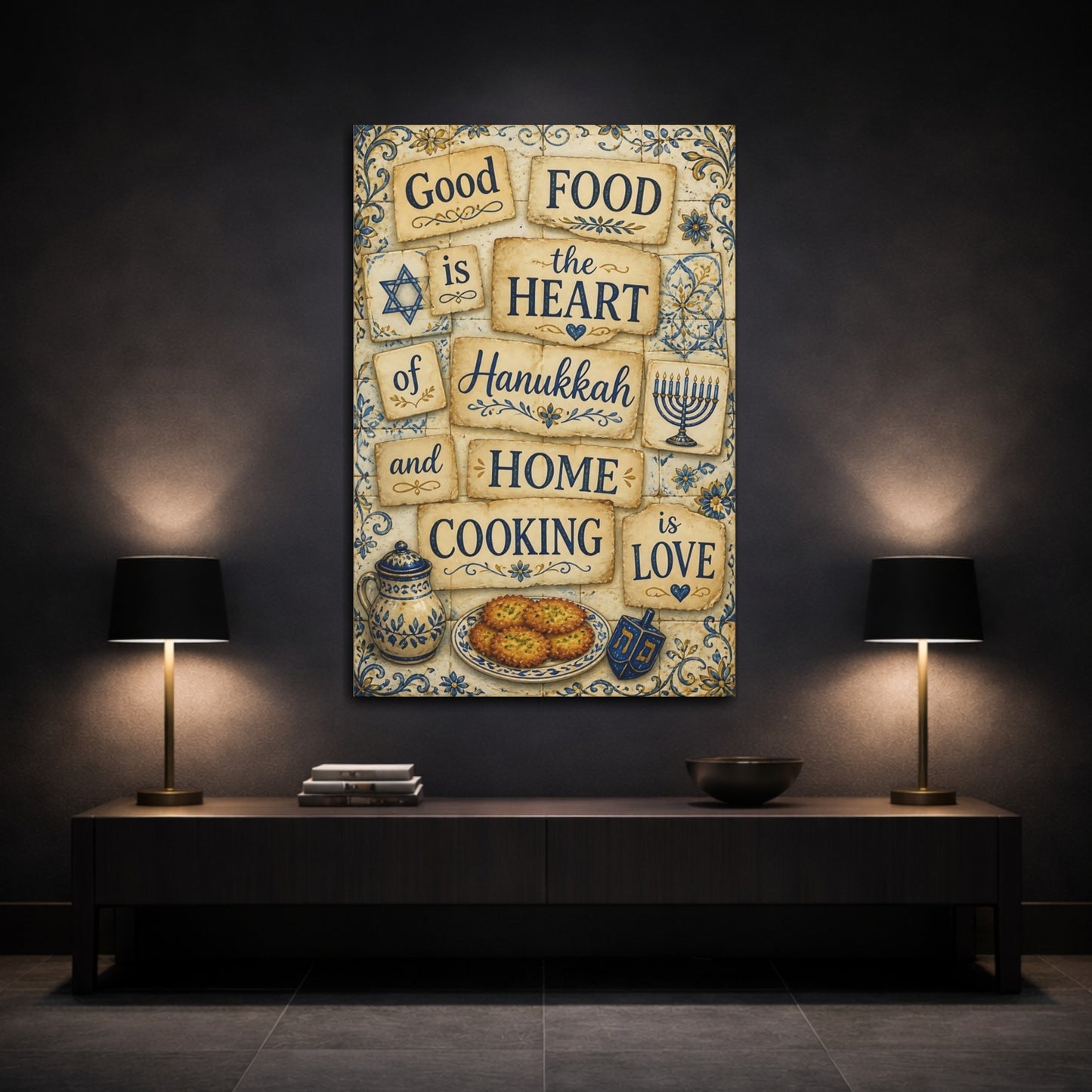 Mockup 3. Hanukkah Cooking Quotes shown as canvas print