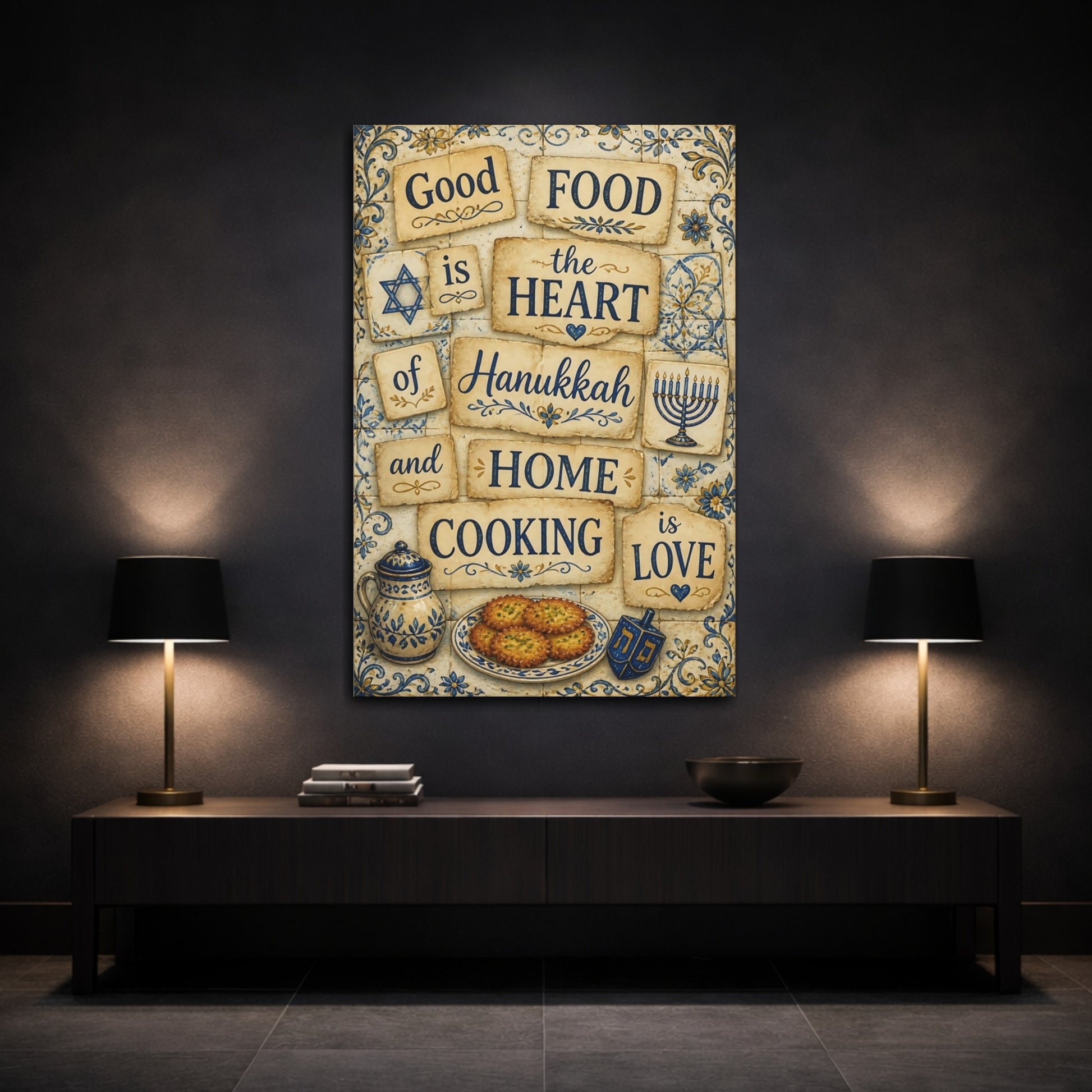 Mockup 3. Hanukkah Cooking Quotes shown as canvas print