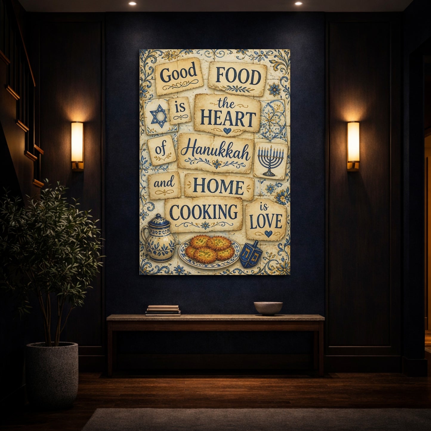 Mockup 4. Hanukkah Cooking Quotes shown as canvas print