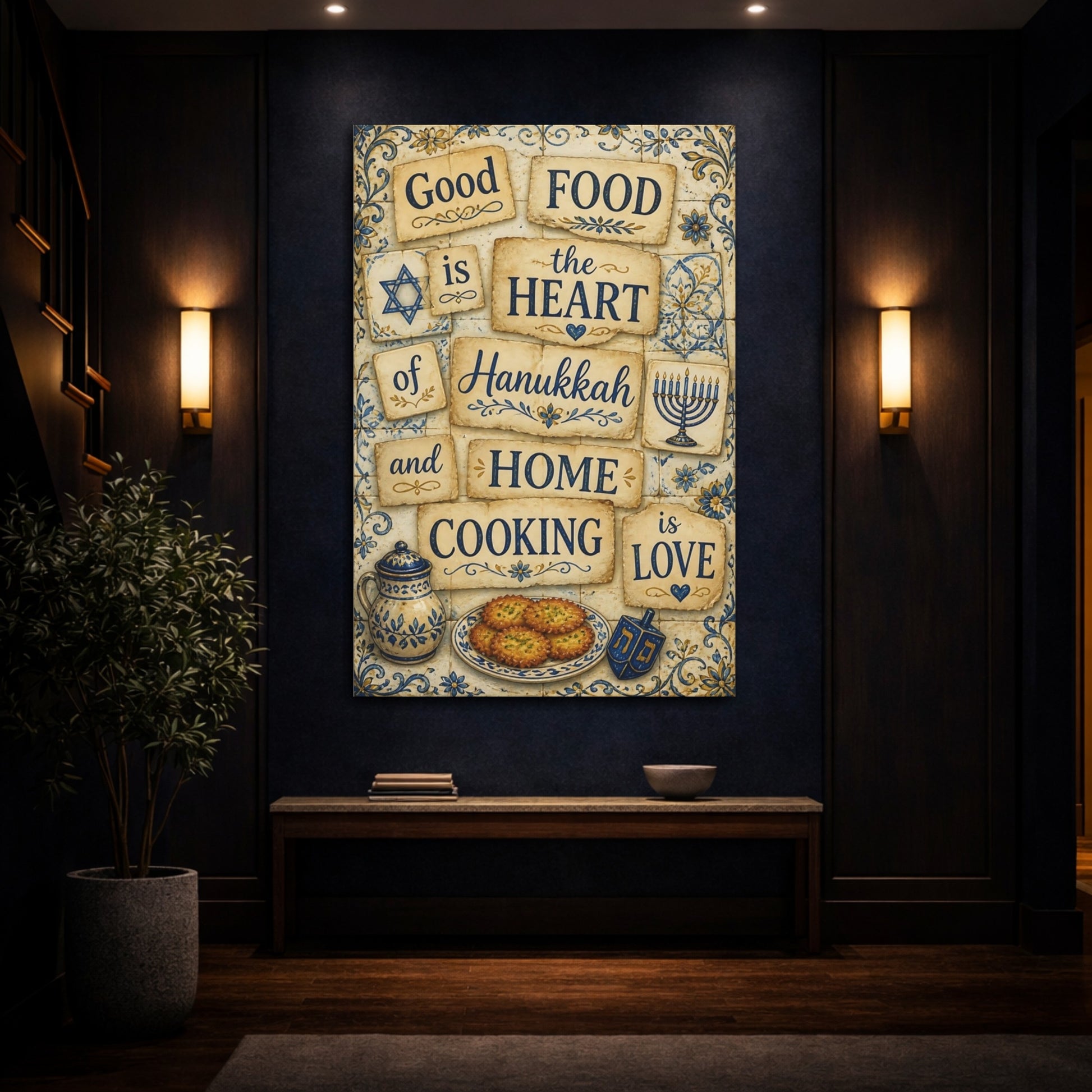 Mockup 4. Hanukkah Cooking Quotes shown as canvas print