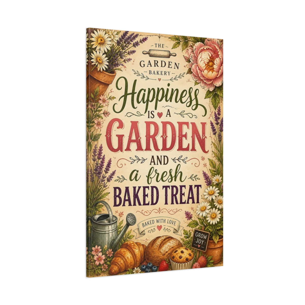Side Mockup 1. Happiness Is A Garden shown as canvas print