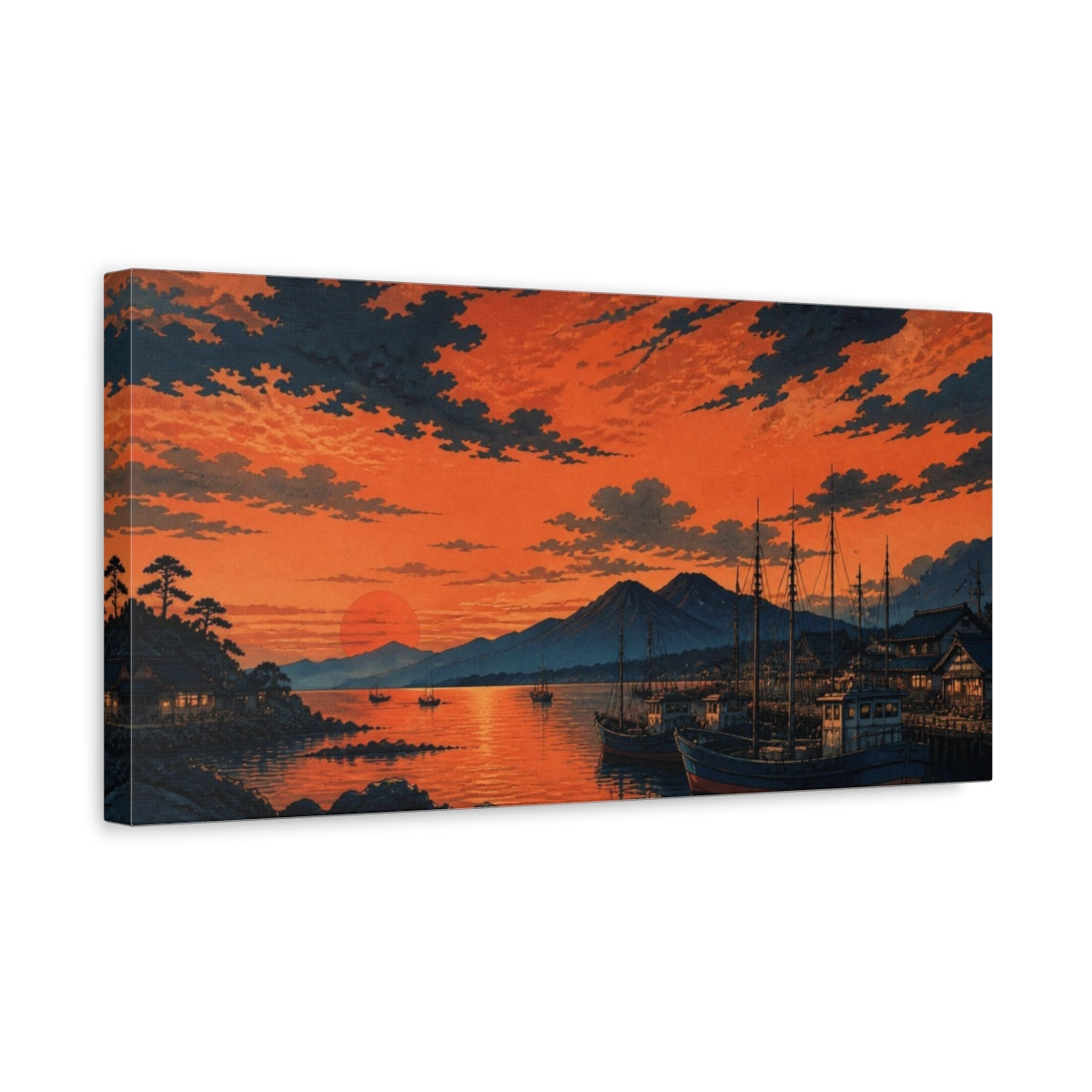 Side Mockup 3. Harbor At Copper Sunset shown as canvas print